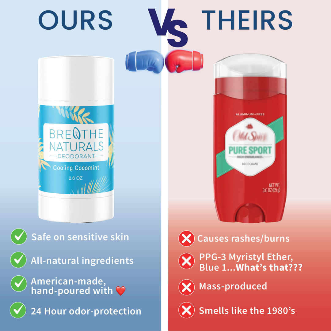 Breathe Naturals deodorant battles Old Spice, highlighting natural ingredients and sensitive skin safety versus rashes and harsh chemicals.
