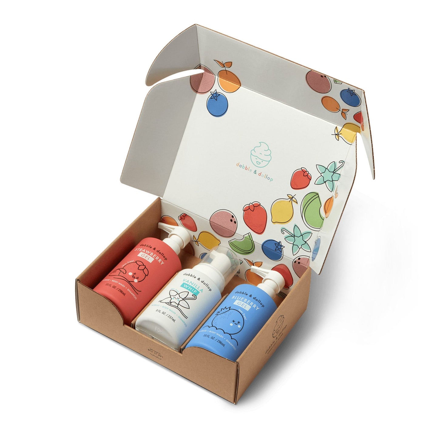 Unboxing reveals a Dabble & Dollop gift set featuring strawberry, vanilla, and blueberry scented kids' body wash and shampoo.
