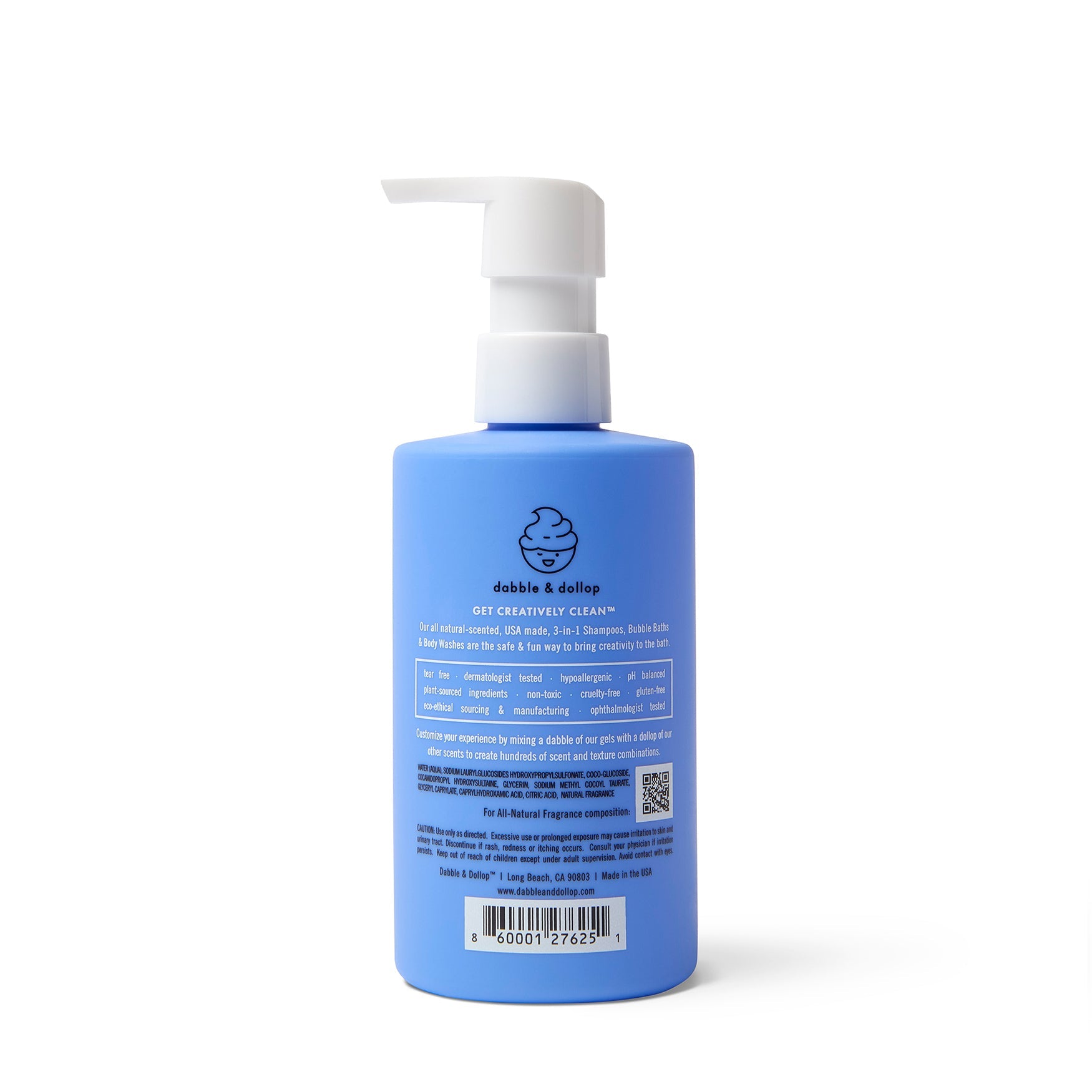 Dabble & Dollop's blue bottle presents its all-natural, 3-in-1 shampoo, bubble bath, and body wash, promoting safe and creative bath time fun.
