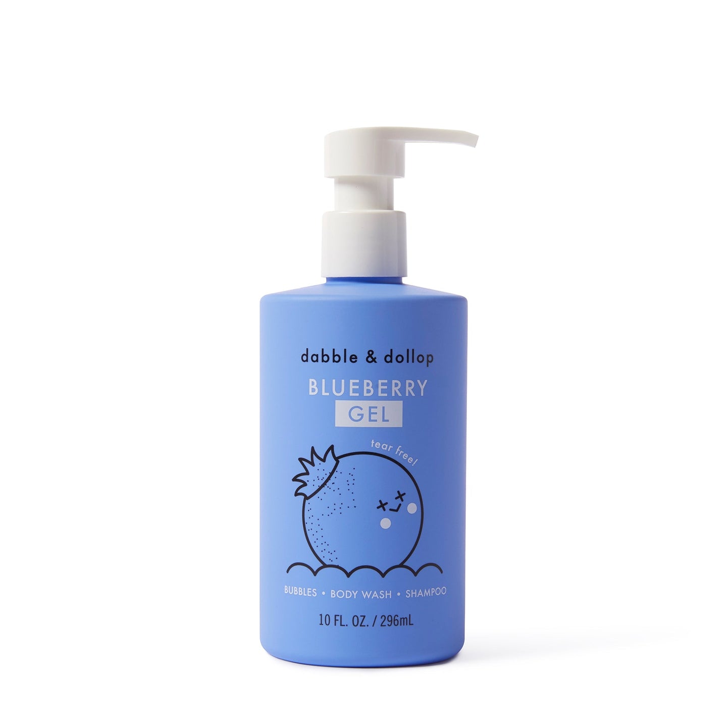Dabble & Dollop markets their blueberry-scented, tear-free gel body wash and shampoo in a blue pump bottle.
