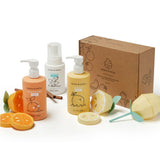 Dabble & Dollop presents their kids' bath set with tangerine, lemon, and vanilla scents alongside charming citrus-themed paper crafts.
