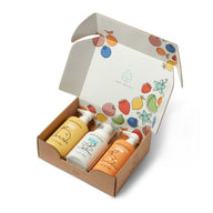 Dabble & Dollop presents a gift box set with lemon, vanilla, and tangerine scented kids' body wash and shampoo.
