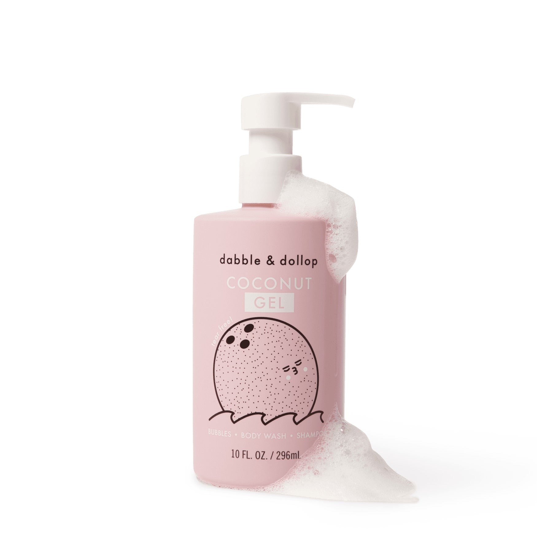 Dabble & Dollop coconut gel body wash and shampoo bottle shows tear-free bubbles for bath time.
