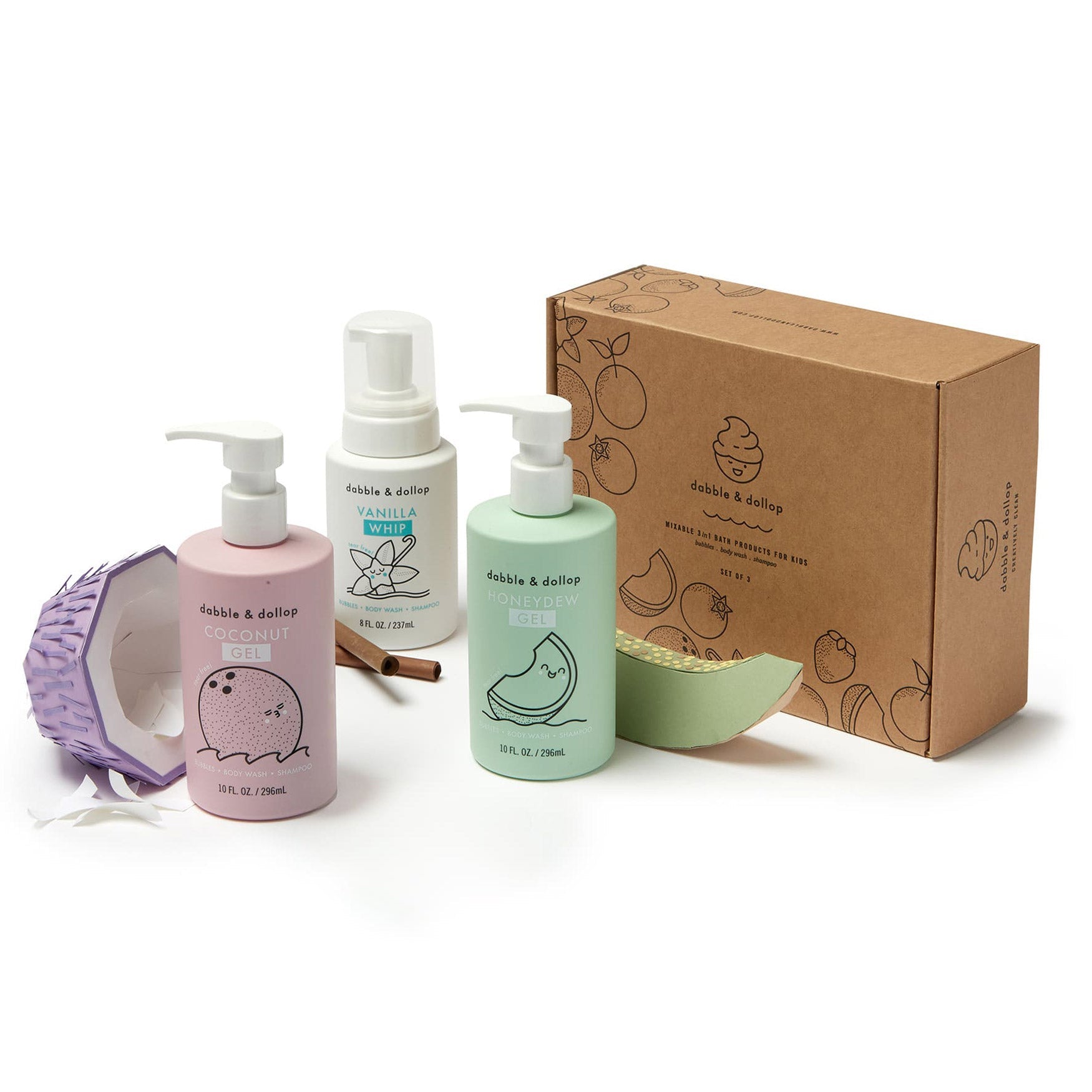 Dabble & Dollop presents a cute set of kids' bath products including coconut gel, vanilla whip, and honeydew gel in a giftable box.