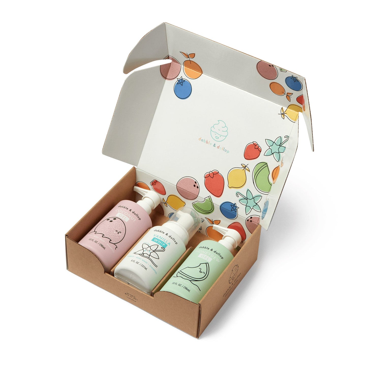 Discover Dabble & Dollop's children's bath product set featuring coconut, vanilla, and honeydew scented body wash and shampoo, packaged in a charmingly decorated box.
