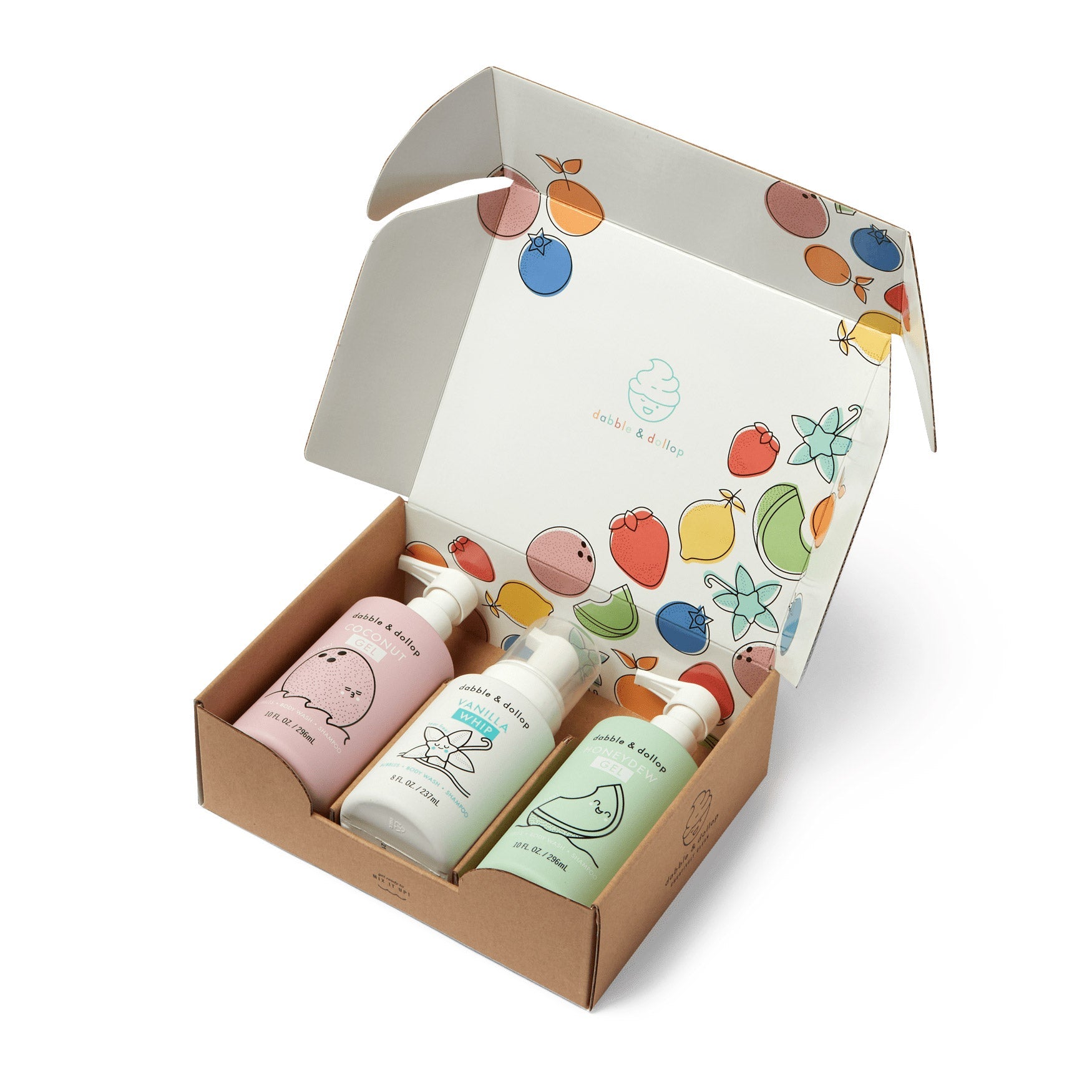 Discover Dabble & Dollop's children's bath product set featuring coconut, vanilla, and honeydew scented body wash and shampoo, packaged in a charmingly decorated box.