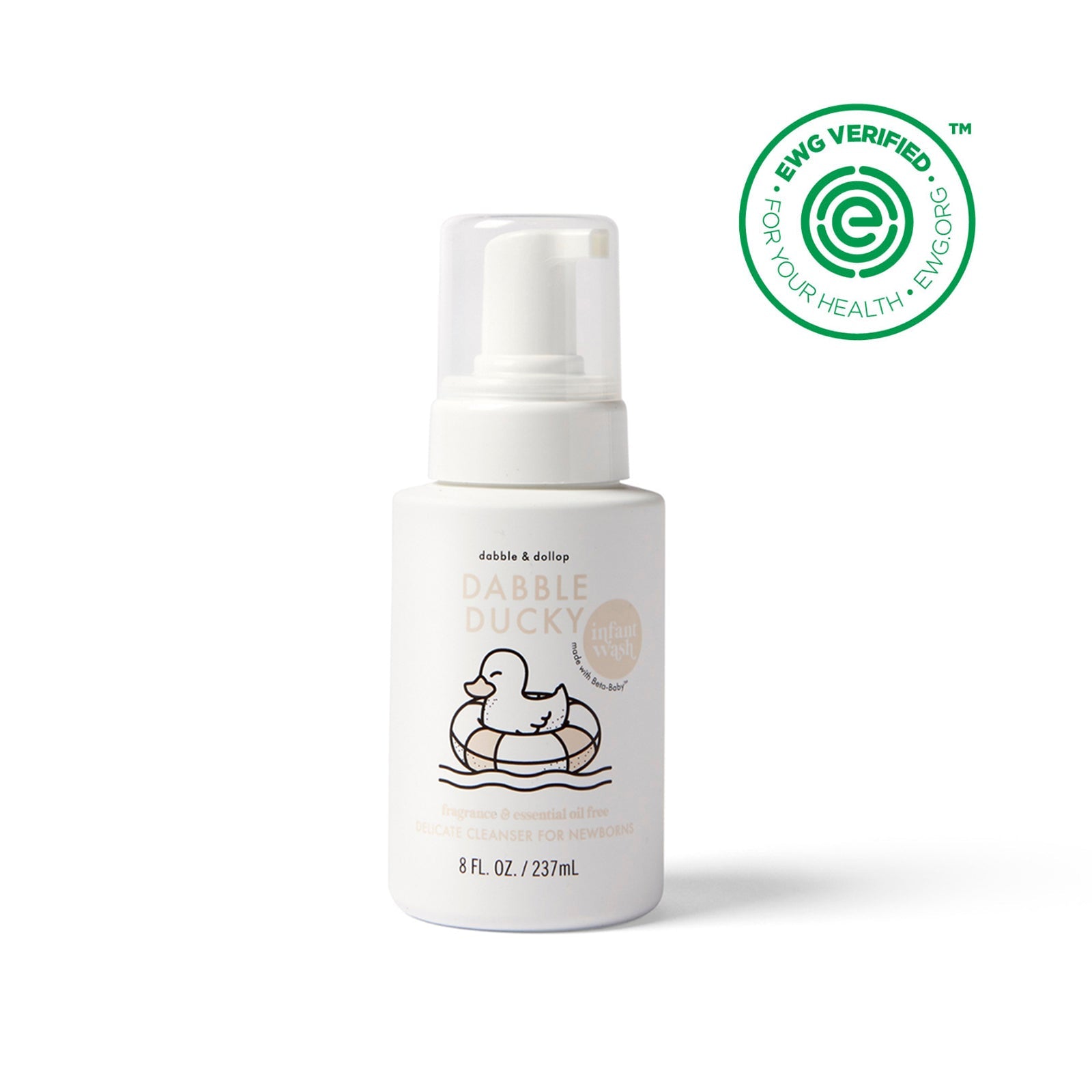 Dabble & Dollop promotes their Dabble Ducky infant wash, a fragrance and essential oil free, delicate cleanser for newborns, as EWG verified.
