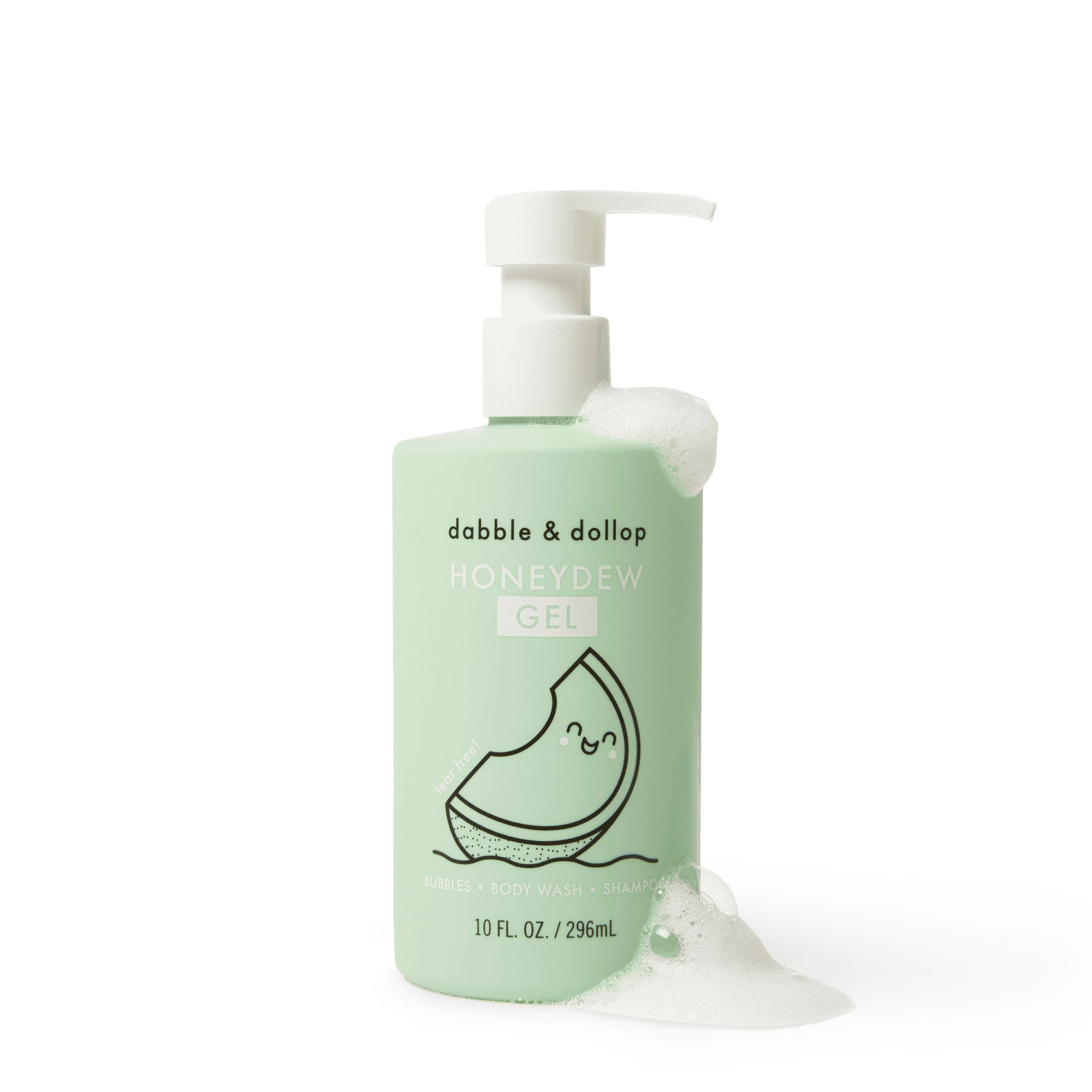 Dabble & Dollop Honeydew Gel bubbles body wash and shampoo bottle sits amidst foamy suds.
