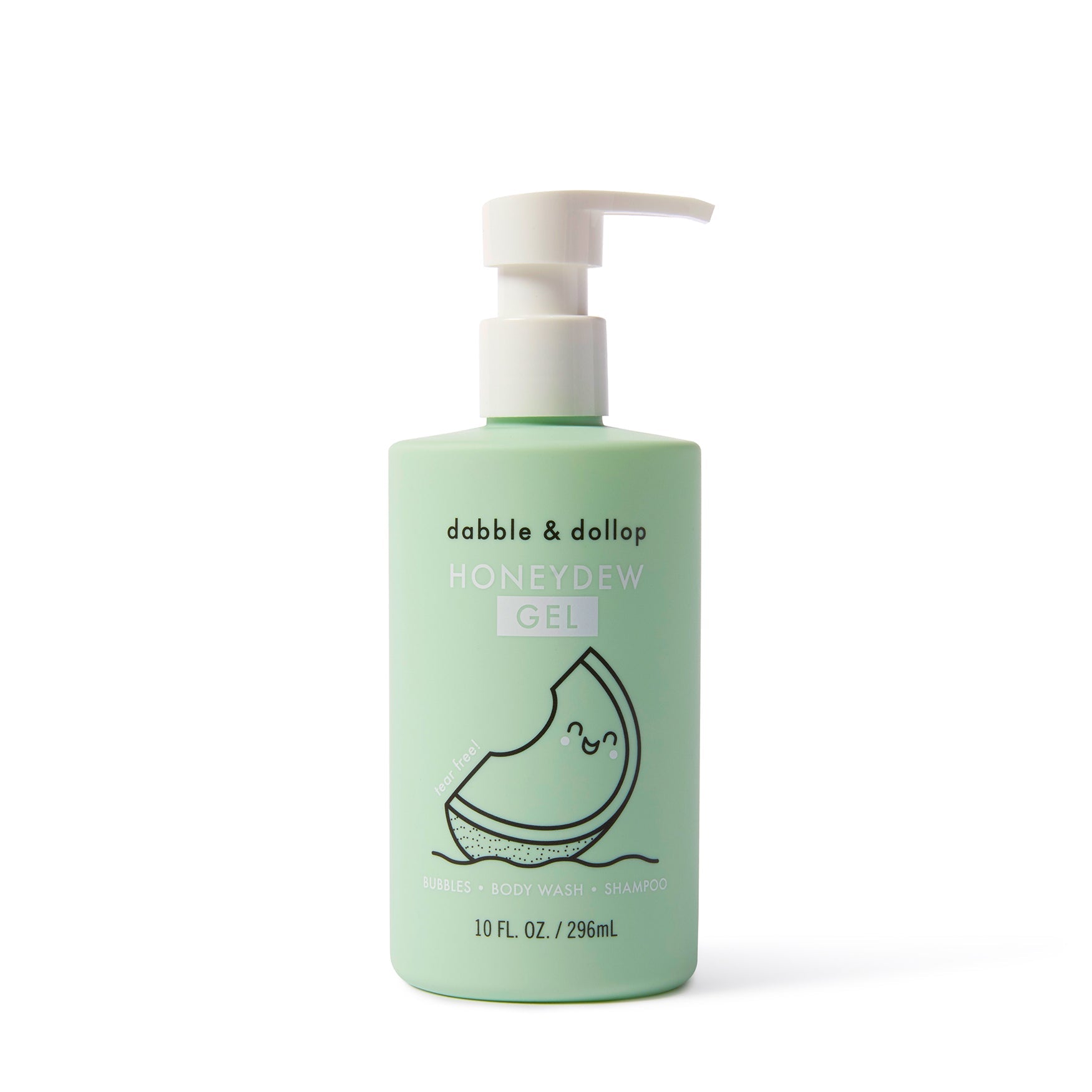 Dabble & Dollop Honeydew Gel body wash, bubbles, and shampoo features a cute honeydew slice on its light green bottle with a pump.
