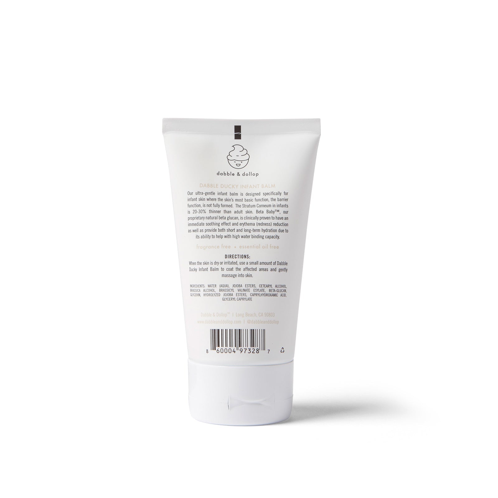 Dabble & Dollop sells their Dabble Ducky infant balm in a white tube to hydrate and soothe babies' sensitive skin.