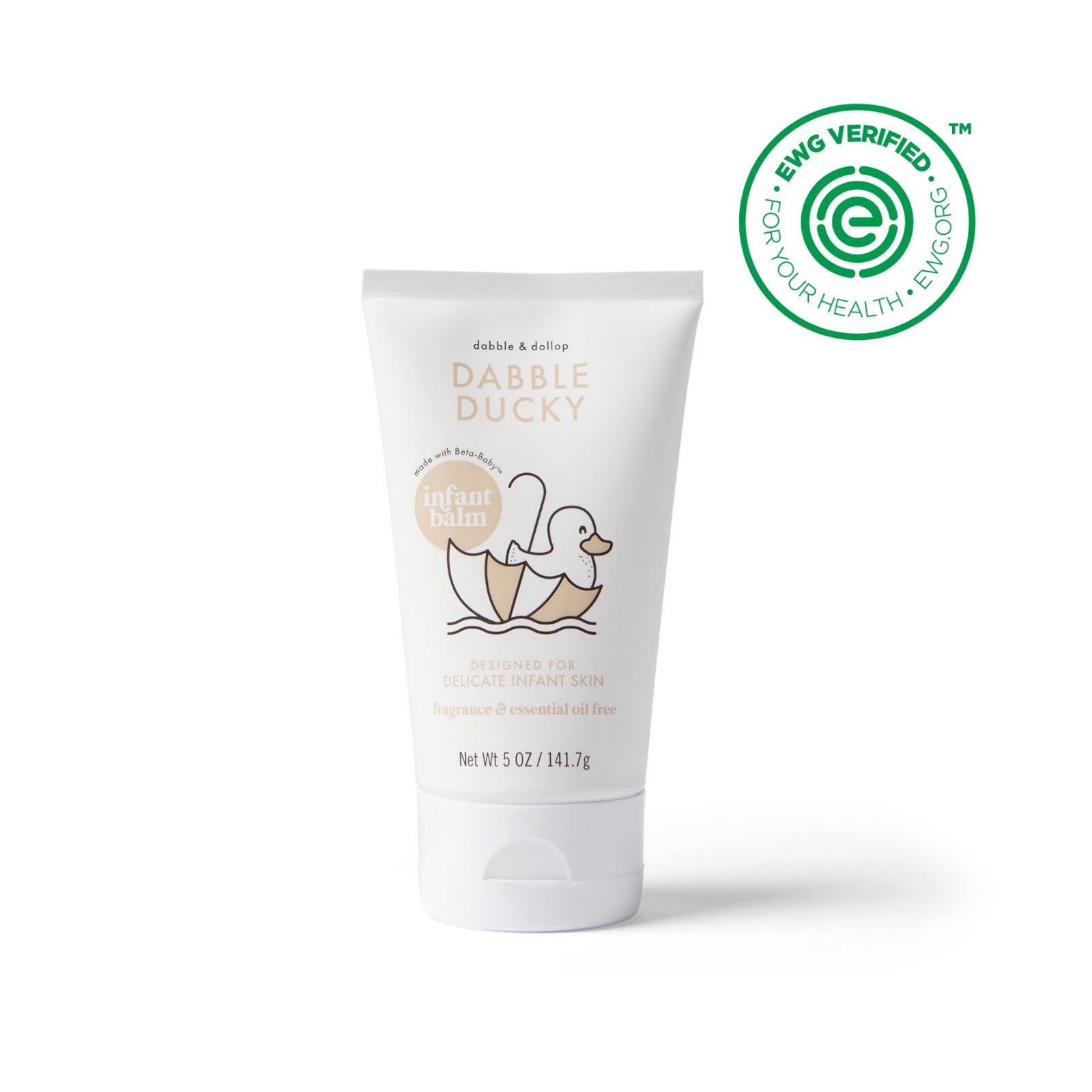 Dabble Ducky infant balm tube displays its EWG verified seal, emphasizing its design for delicate infant skin.
