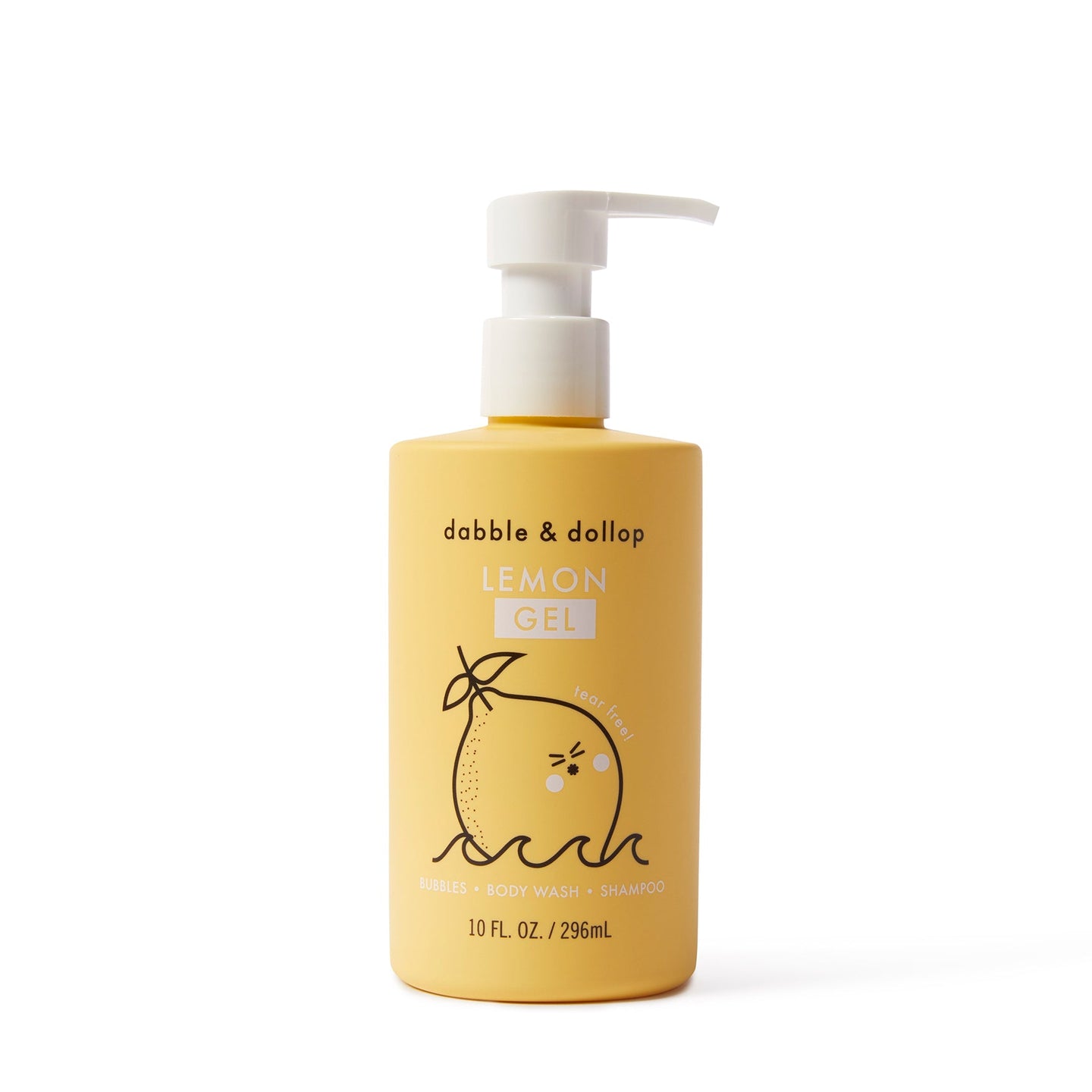Dabble & Dollop lemon gel shows off its tear-free, lemon-scented bubbles, body wash, and shampoo formula.

