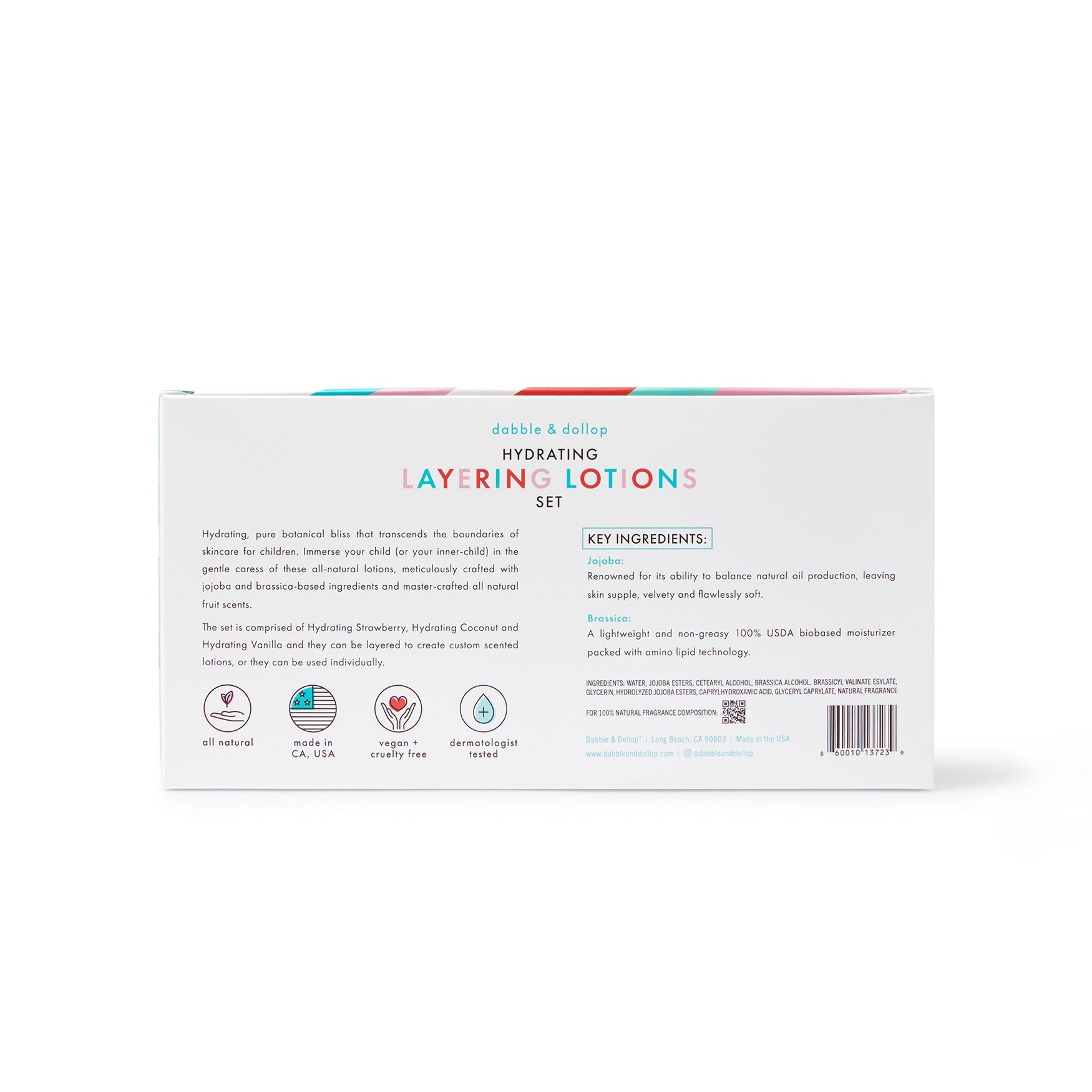 Dabble & Dollop's Hydrating Layering Lotions Set features all-natural, vegan skincare with jojoba and brassica for creating custom scents.
