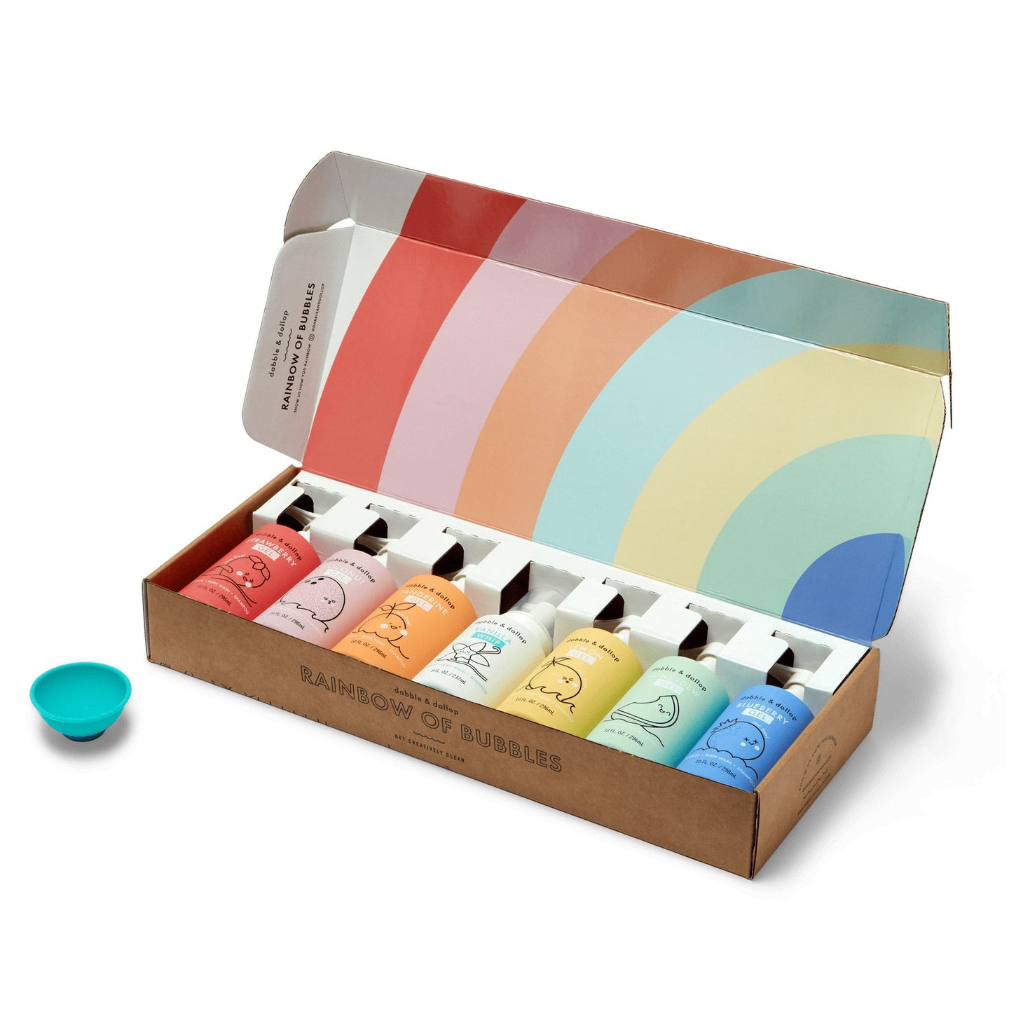 Dabble & Dollop Rainbow of Bubbles gift set displays colorful kids' bath products in an open box with a rainbow interior.
