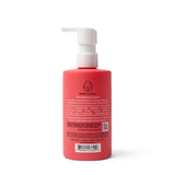 A red bottle of Dabble & Dollop 3-in-1 shampoo, bubble bath, and body wash features a pump dispenser and lists tear-free, plant-sourced, and cruelty-free benefits.
