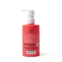 A red bottle of Dabble & Dollop 3-in-1 shampoo, bubble bath, and body wash features a pump dispenser and lists tear-free, plant-sourced, and cruelty-free benefits.
