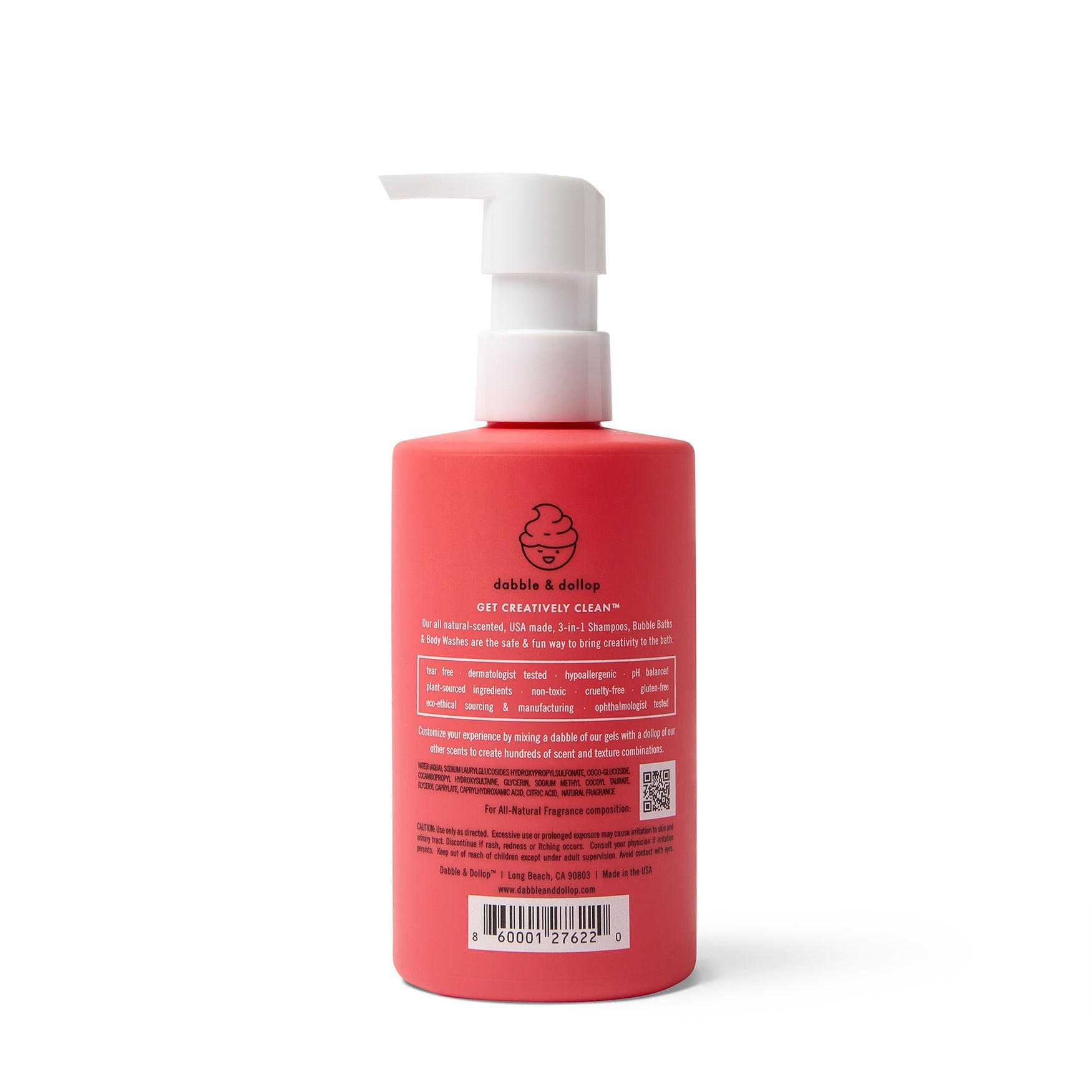A red bottle of Dabble & Dollop 3-in-1 shampoo, bubble bath, and body wash features a pump dispenser and lists tear-free, plant-sourced, and cruelty-free benefits.
