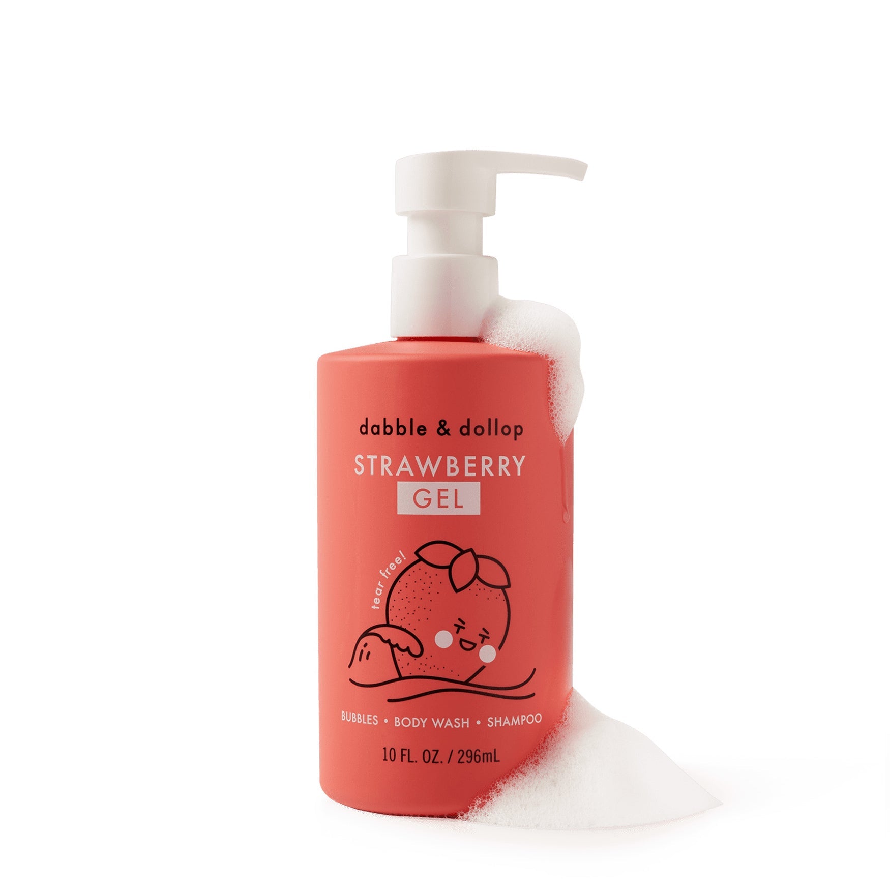 Dabble & Dollop strawberry gel body wash bottle sits amidst bubbly foam.
