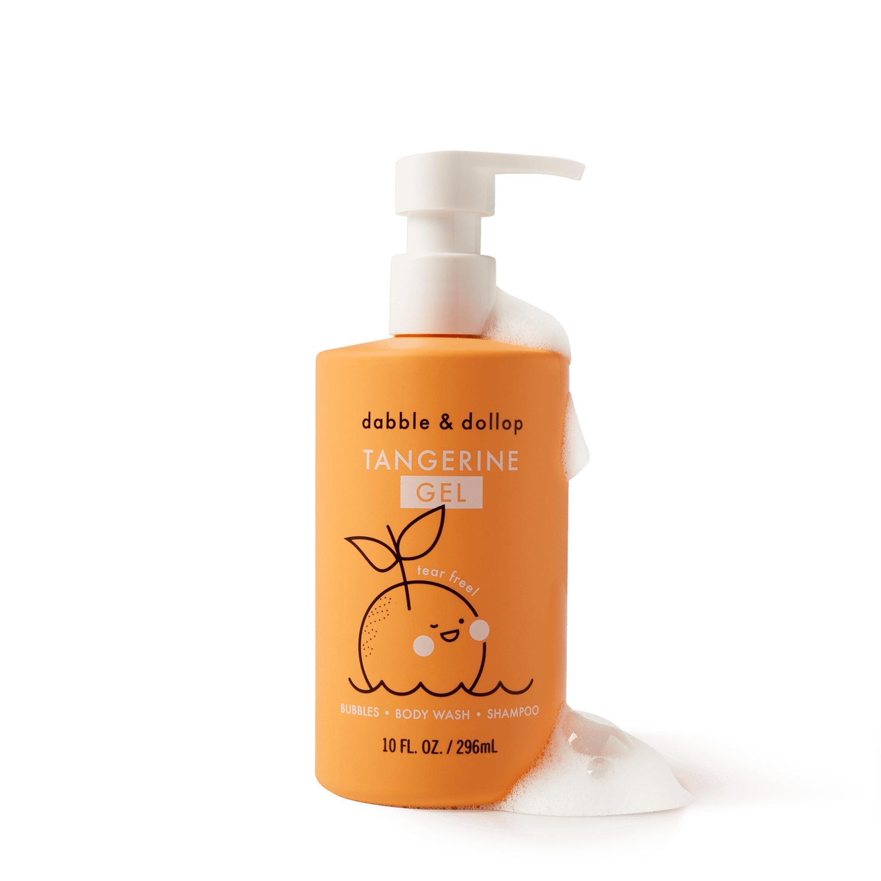 Dabble & Dollop Tangerine Gel, a tear-free shampoo, body wash, and bubble bath with a cute citrus fruit illustration, sits with foam.
