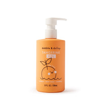 Dabble & Dollop Tangerine Gel, tear-free shampoo and body wash, features a cute orange fruit character.
