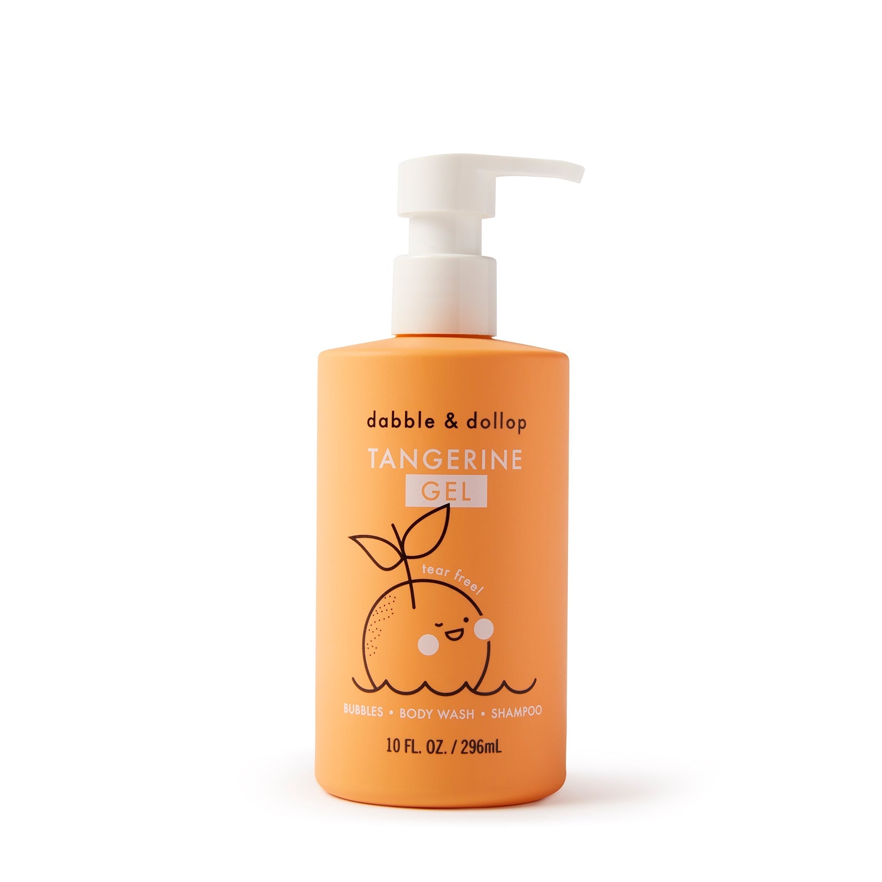 Dabble & Dollop Tangerine Gel, tear-free shampoo and body wash, features a cute orange fruit character.
