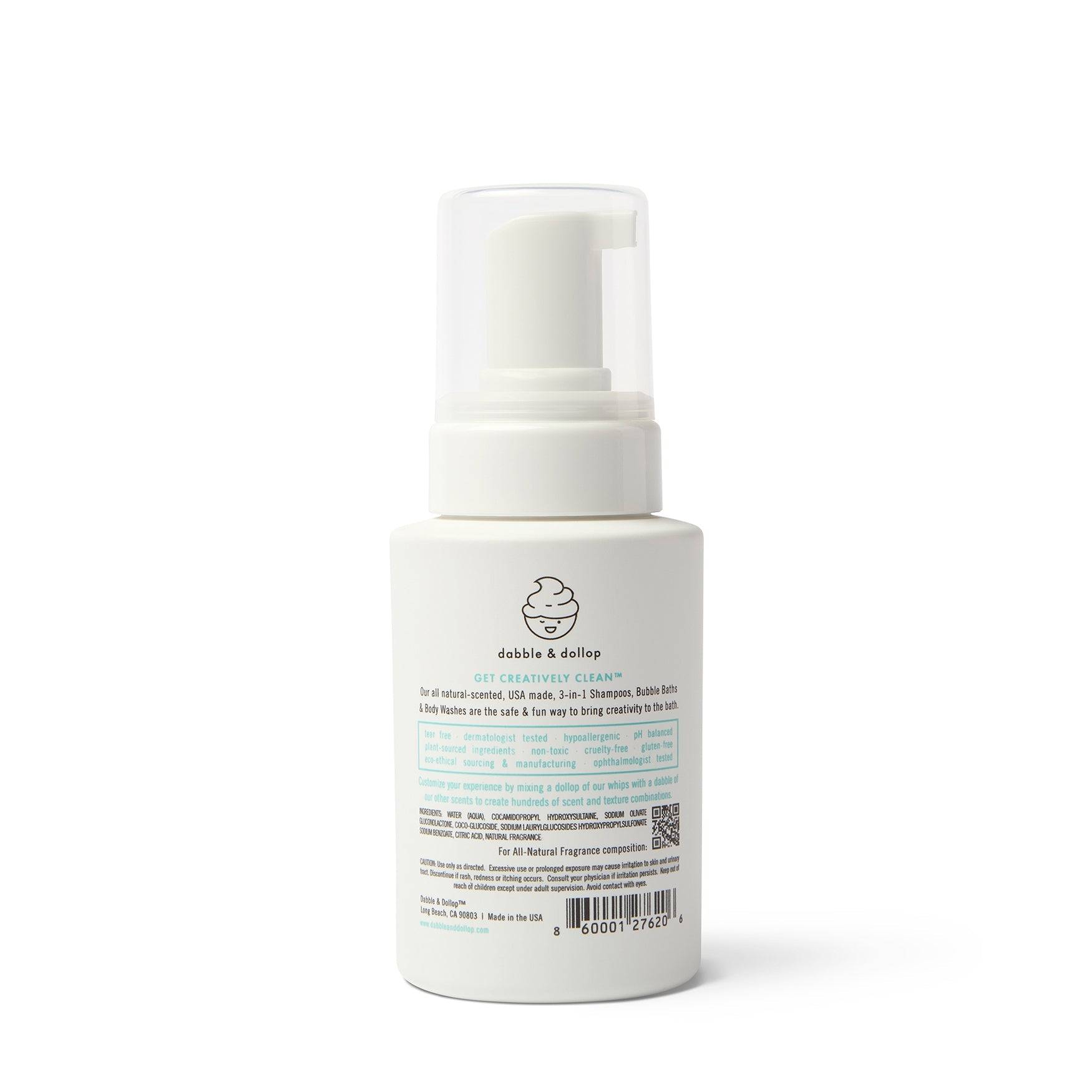 Dabble & Dollop promotes their all-natural, tear-free, 3-in-1 shampoo, bubble bath, and body wash in a white pump bottle.