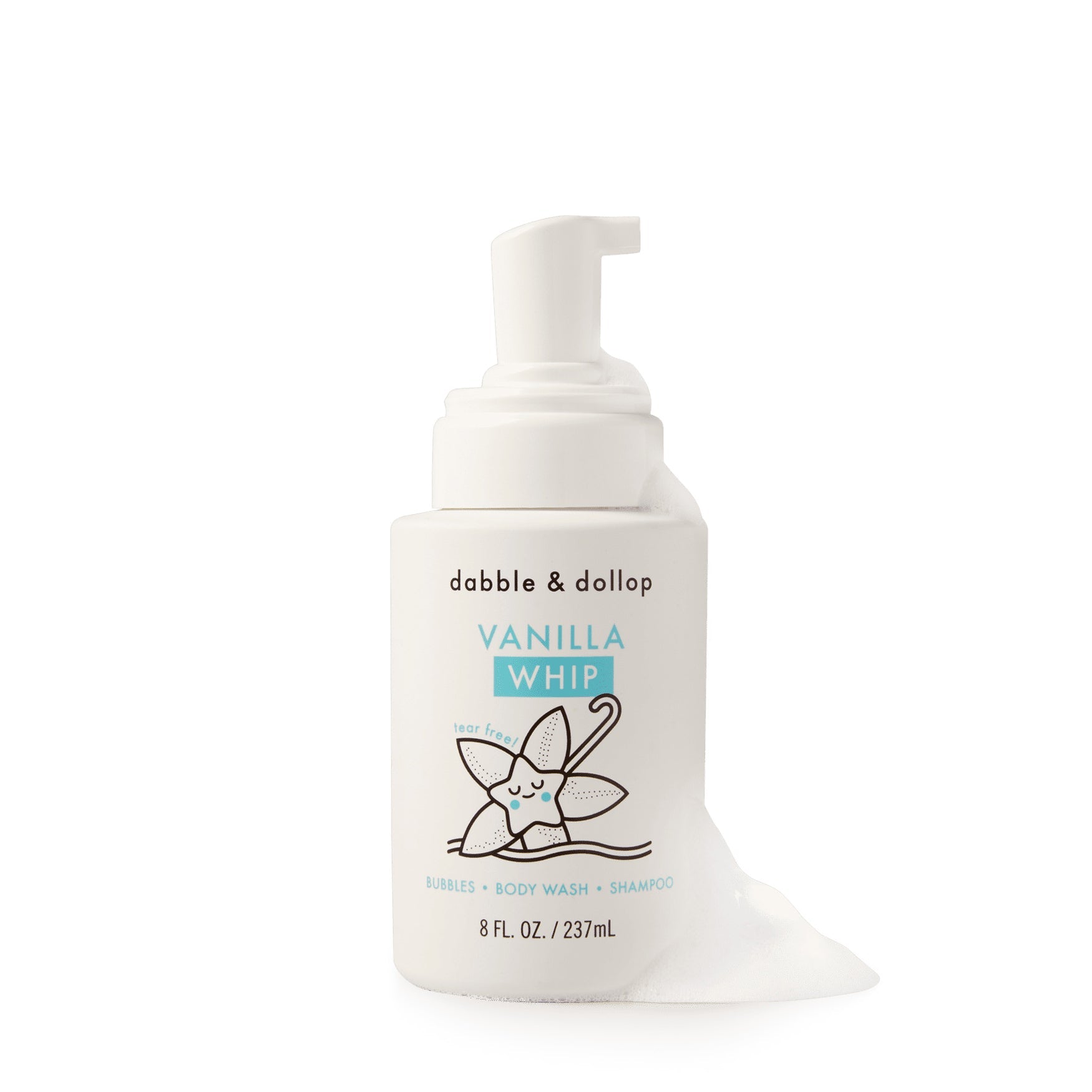 Dabble & Dollop Vanilla Whip body wash and shampoo dispenses fluffy foam.
