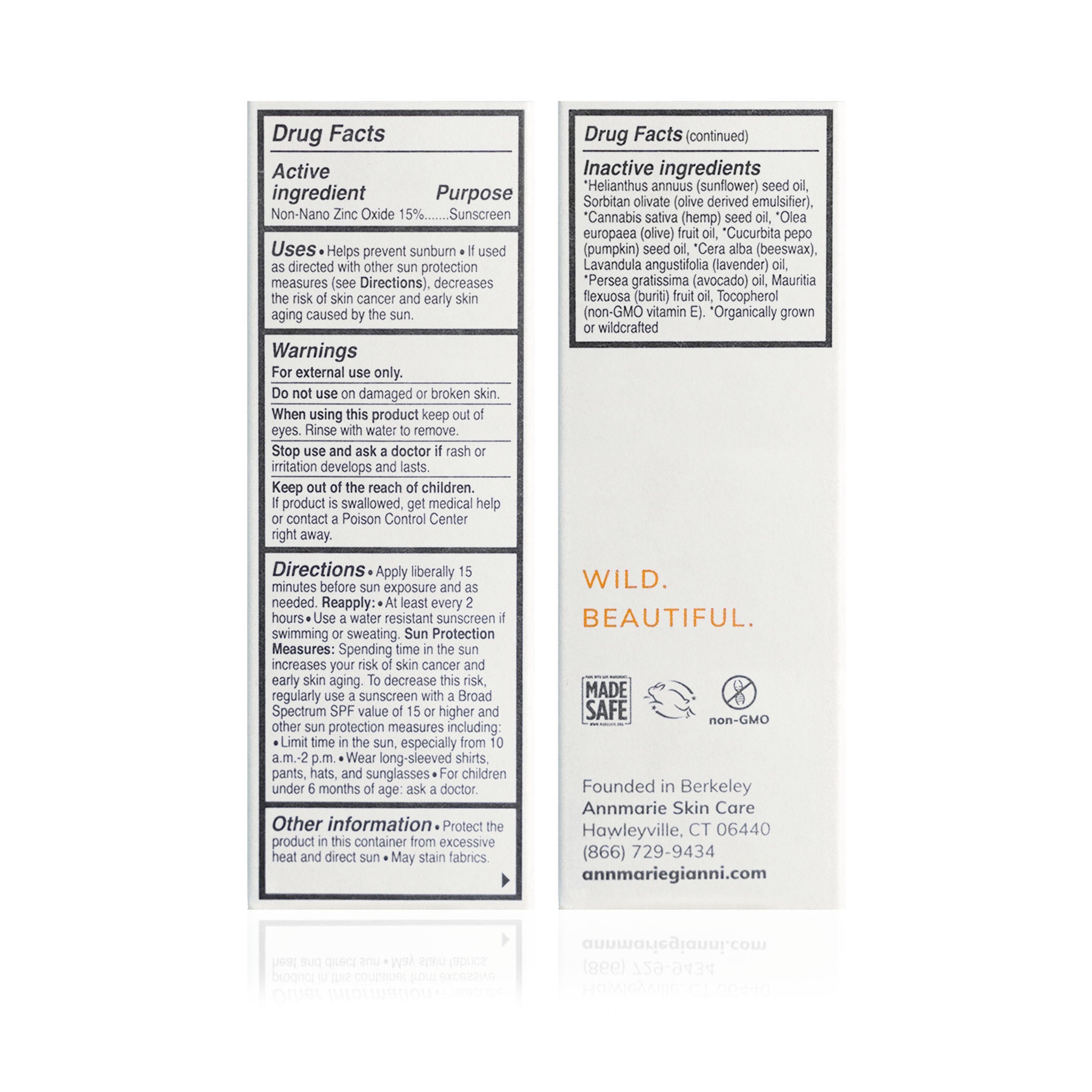 Reviewing the drug facts and inactive ingredients of Annmarie Skin Care sunscreen with non-nano zinc oxide.
