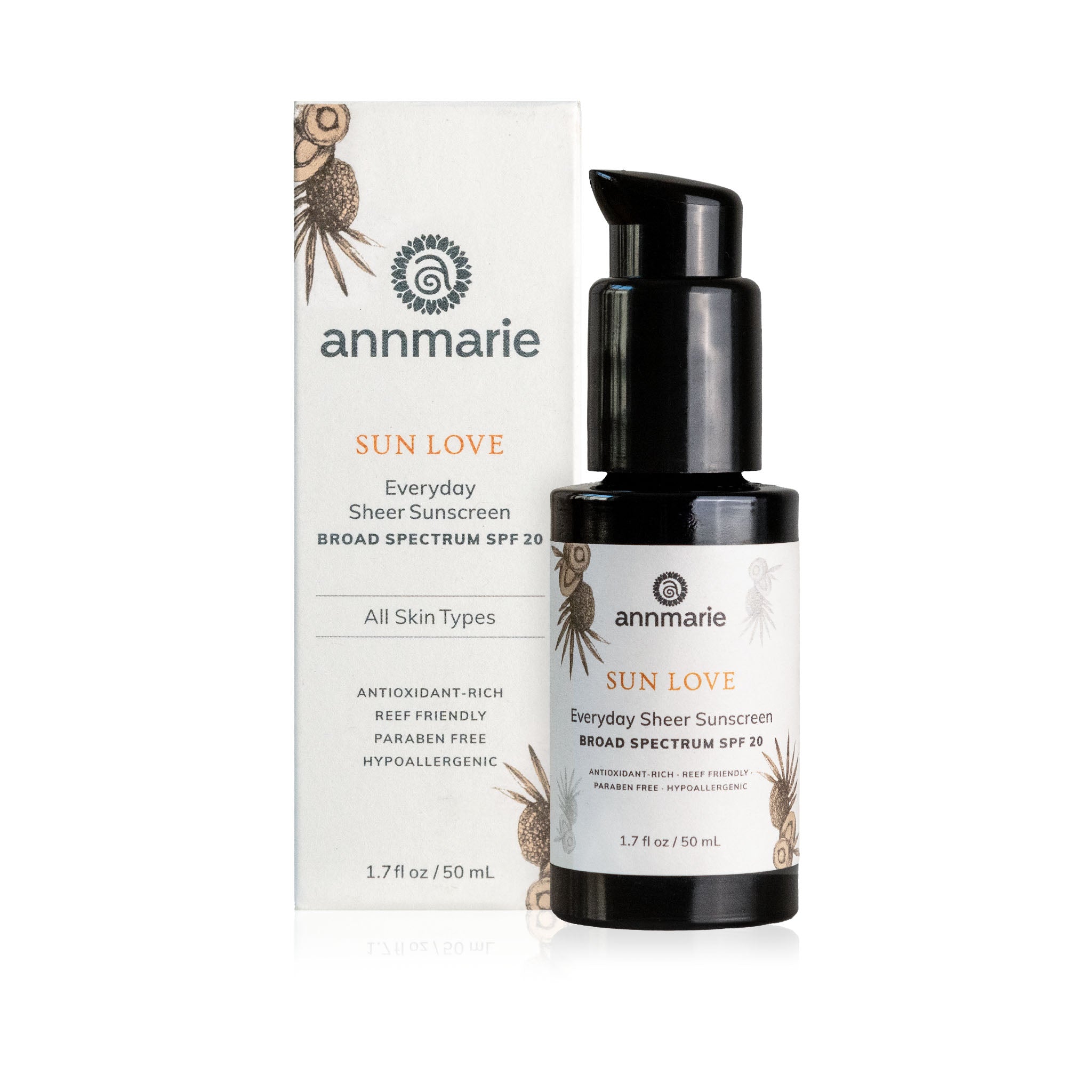 Annmarie Sun Love Everyday Sheer Sunscreen SPF 20 provides broad spectrum protection in a reef-friendly, hypoallergenic formula.
