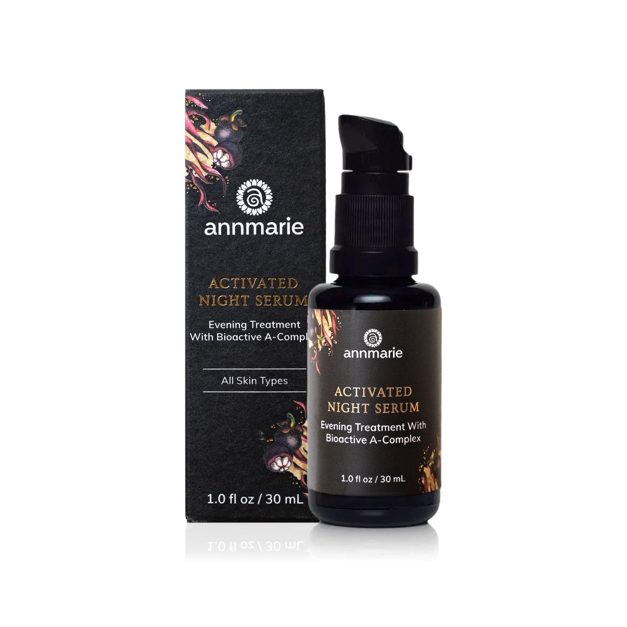 Annmarie Activated Night Serum sits beside its packaging, promising an evening skin treatment with Bioactive A-Complex for all skin types.

