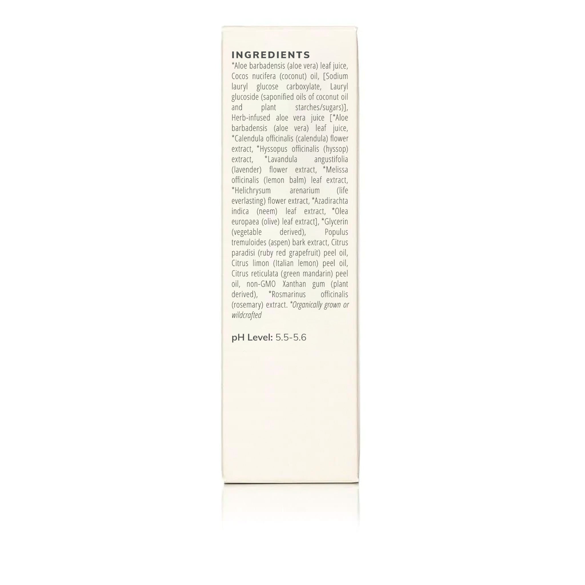Shows skincare product ingredient list featuring aloe vera, coconut oil, and various botanical extracts with a pH level of 5.5-5.6.
