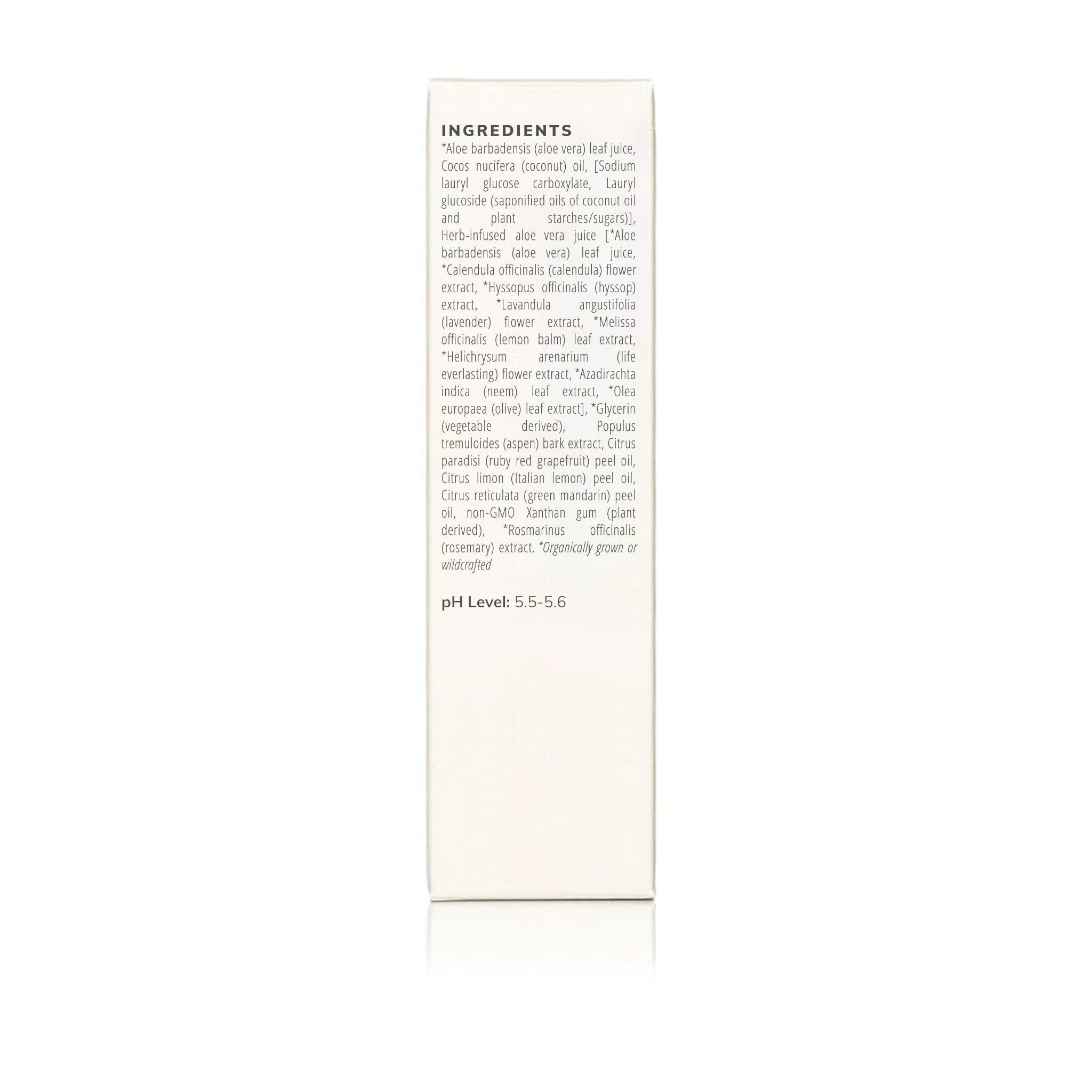 Close-up shows a product label listing organic skin care ingredients, including aloe vera, coconut oil, lavender, lemon balm, and rosemary, with a pH level of 5.5-5.6.
