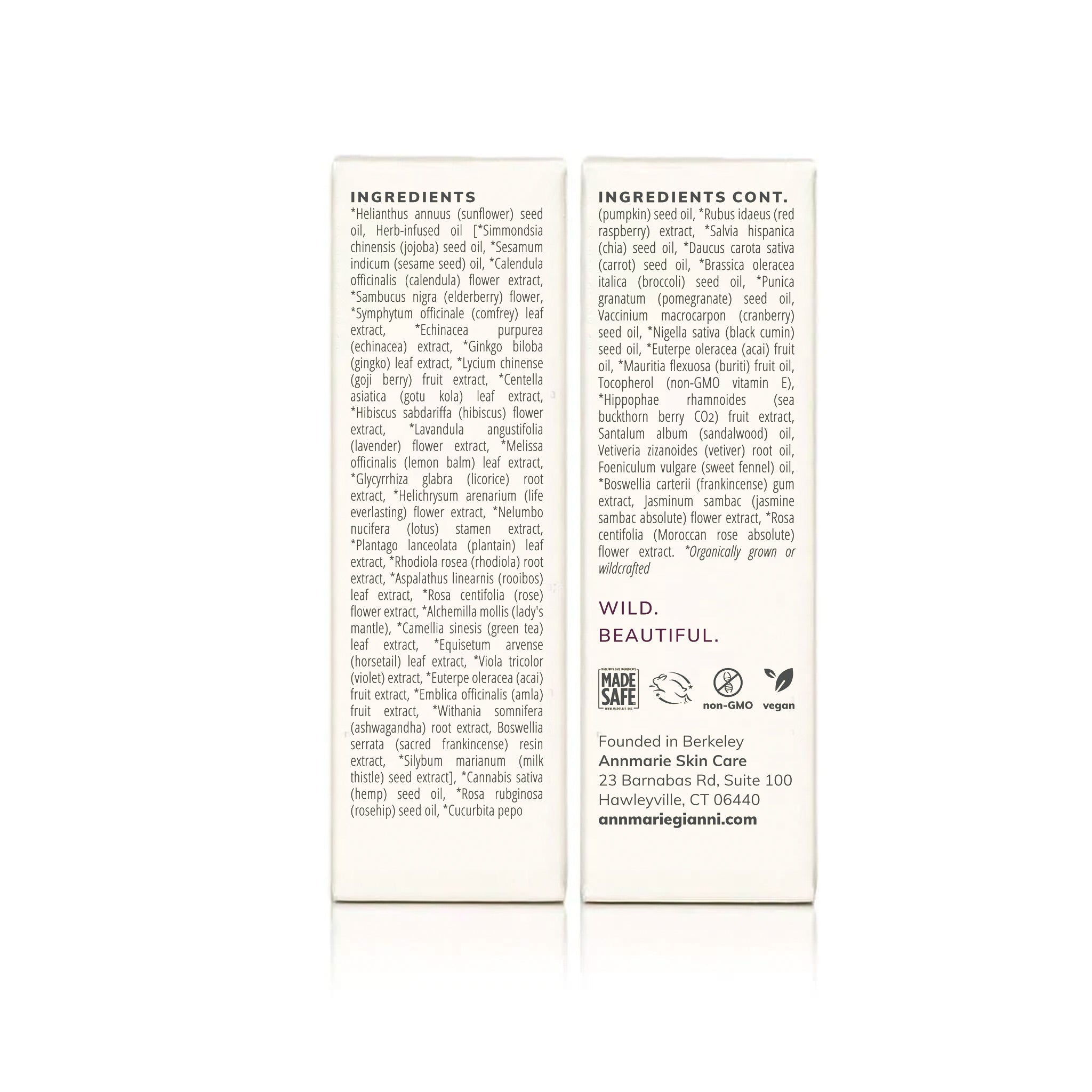 Annmarie Skin Care lists its wild and beautiful organic ingredients, including sunflower, jojoba, sesame, and other plant-based seed oils and extracts, highlighting its Made Safe and non-GMO vegan certifications.

