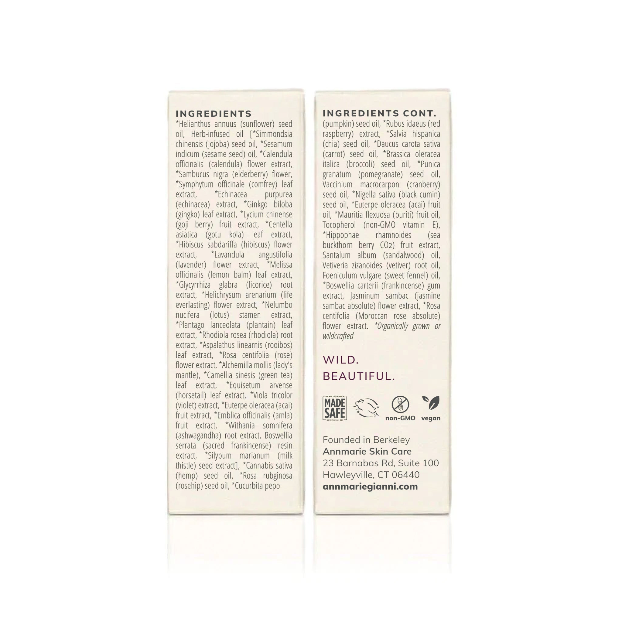 Annmarie Skin Care lists their wildcrafted and organic ingredients, including sunflower, jojoba, and hemp seed oils, with certifications for being Made Safe, non-GMO, and vegan.

