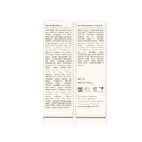 Two columns detail the organic and wildcrafted ingredients list for Annmarie Skin Care, highlighting their natural, non-GMO, and vegan skincare formula.
