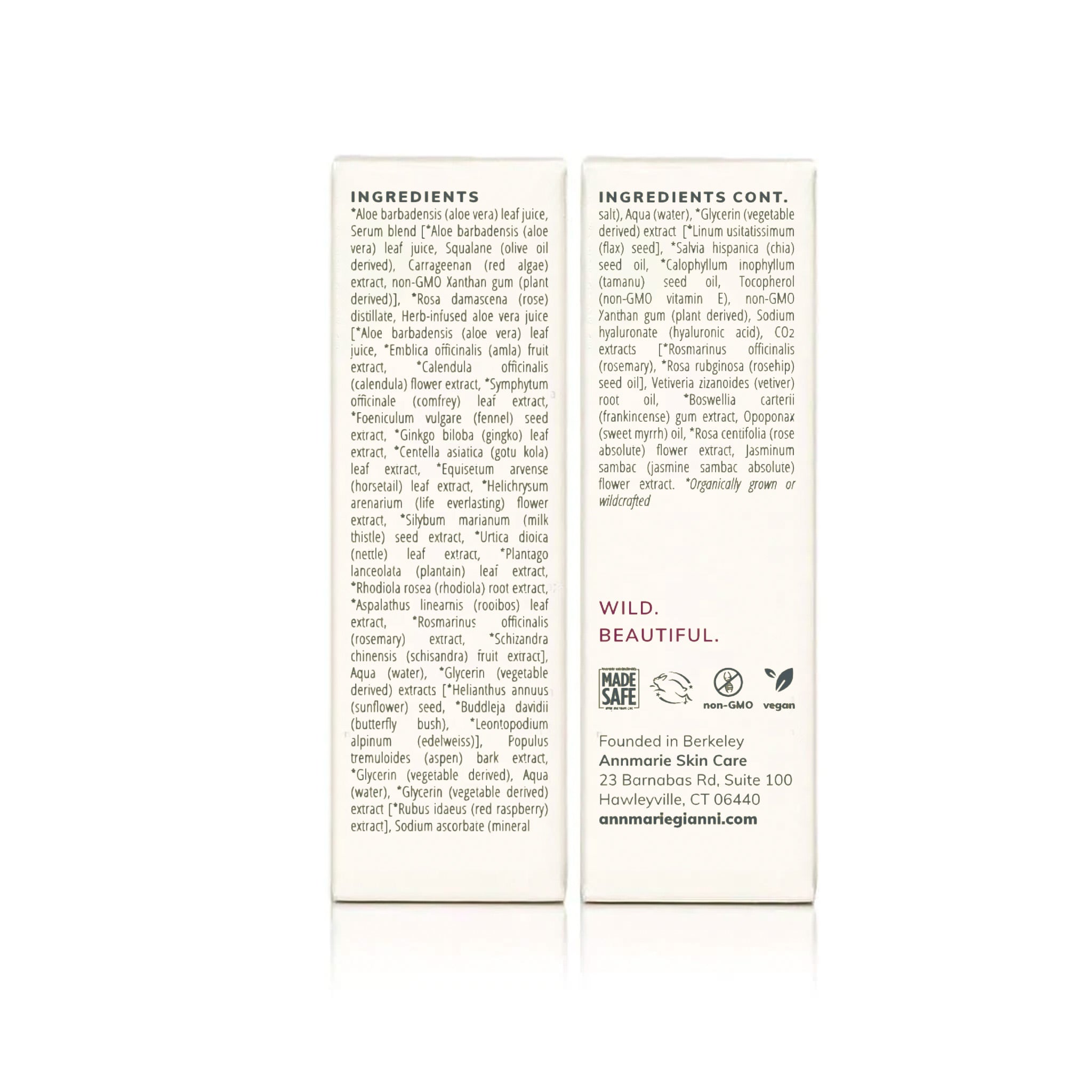 Two columns detail the organic and wildcrafted ingredients list for Annmarie Skin Care, highlighting their natural, non-GMO, and vegan skincare formula.
