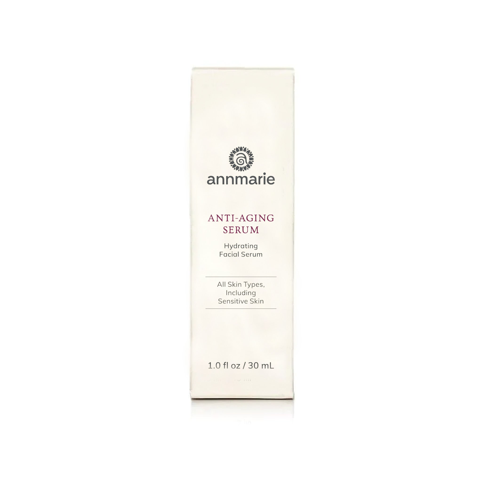 Annmarie Anti-Aging Serum promises hydrating facial treatment for all skin types, including sensitive skin, displayed on its packaging.

