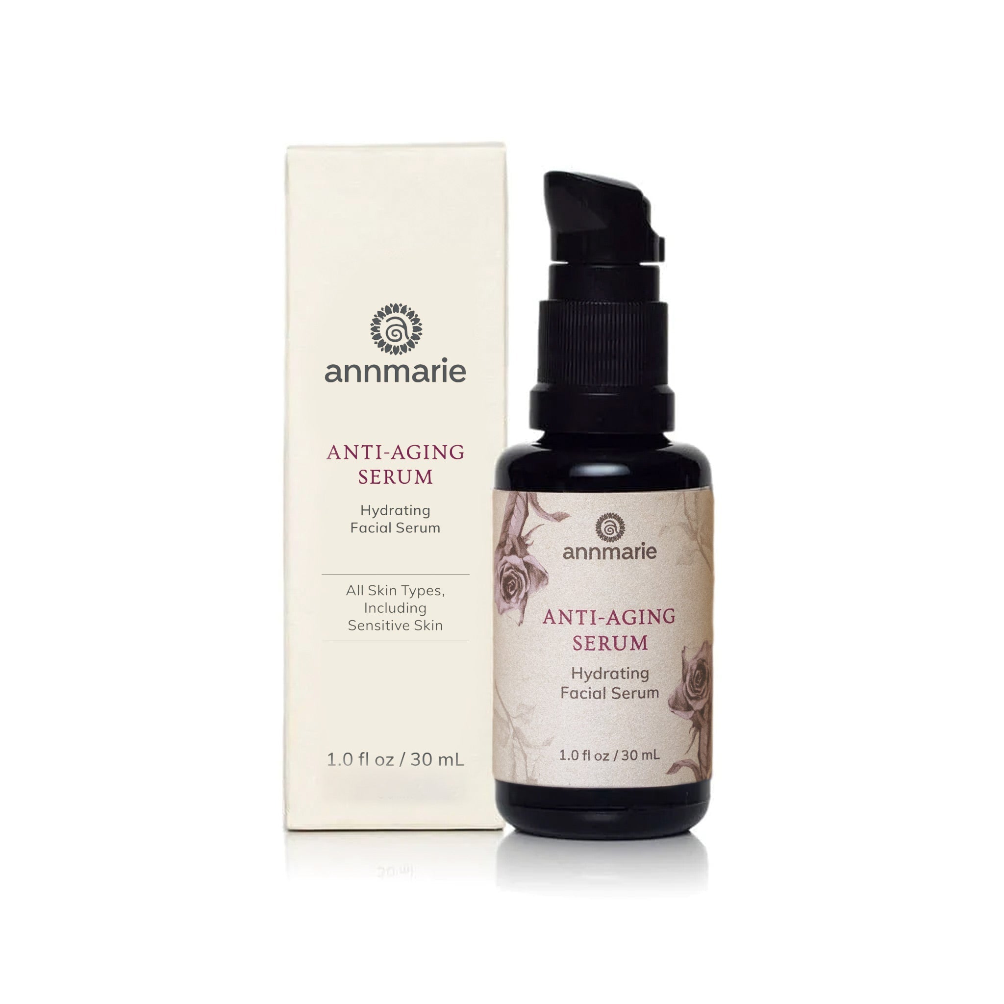 Annmarie's anti-aging hydrating facial serum presents alongside its product box, promising benefits for all skin types, including sensitive skin.
