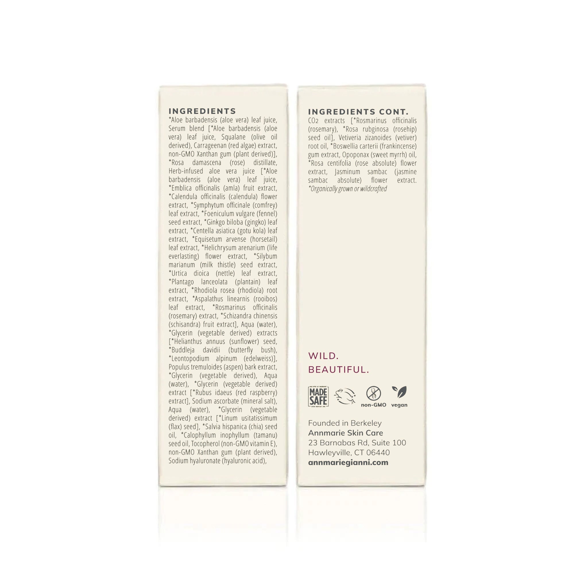 Annmarie Skin Care details their vegan, non-GMO, made-safe skincare product's ingredient list, featuring aloe vera, rosehip seed oil, and botanical extracts, along with company information.
