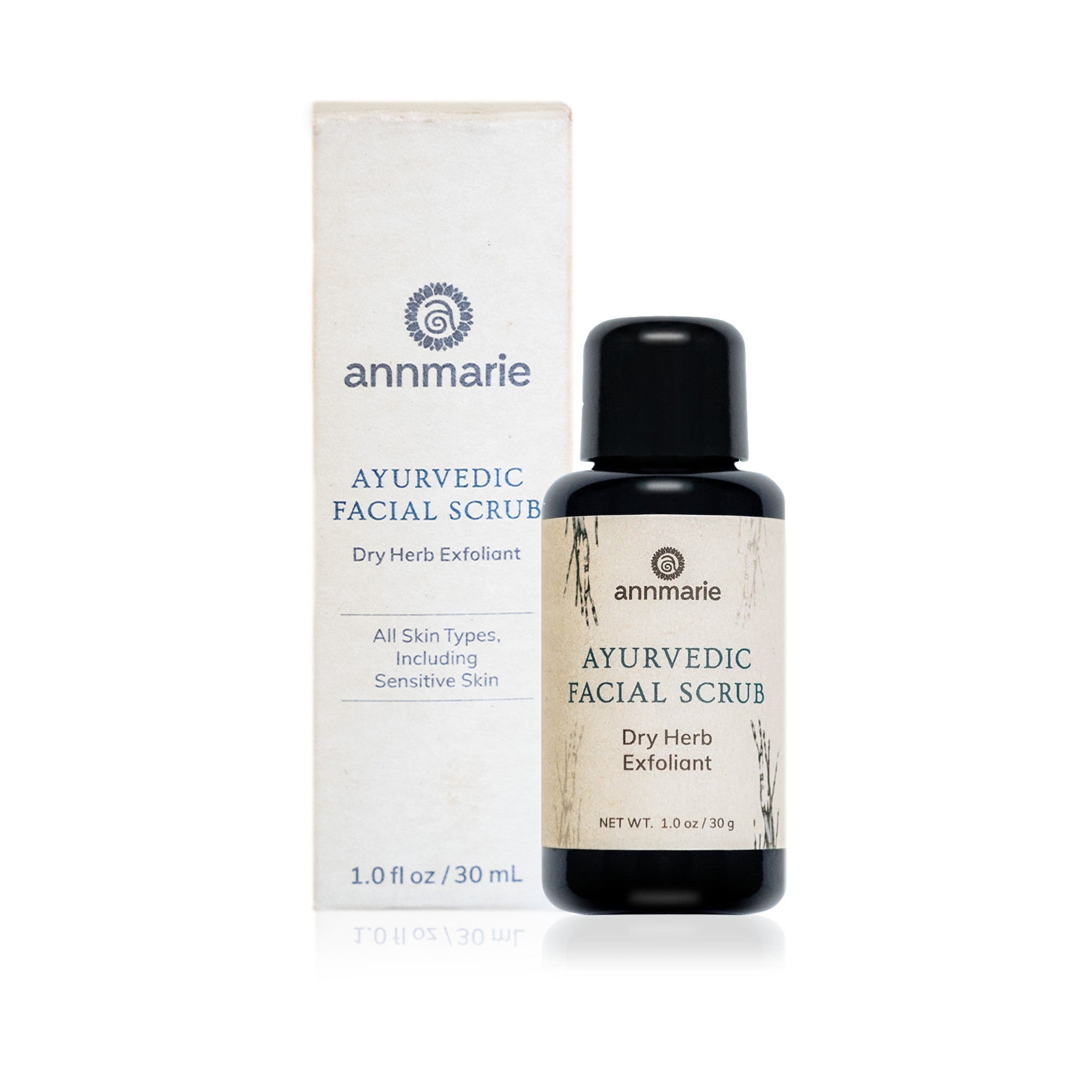 Annmarie's Ayurvedic Facial Scrub, a dry herb exfoliant for all skin types, presents in its bottle and packaging.
