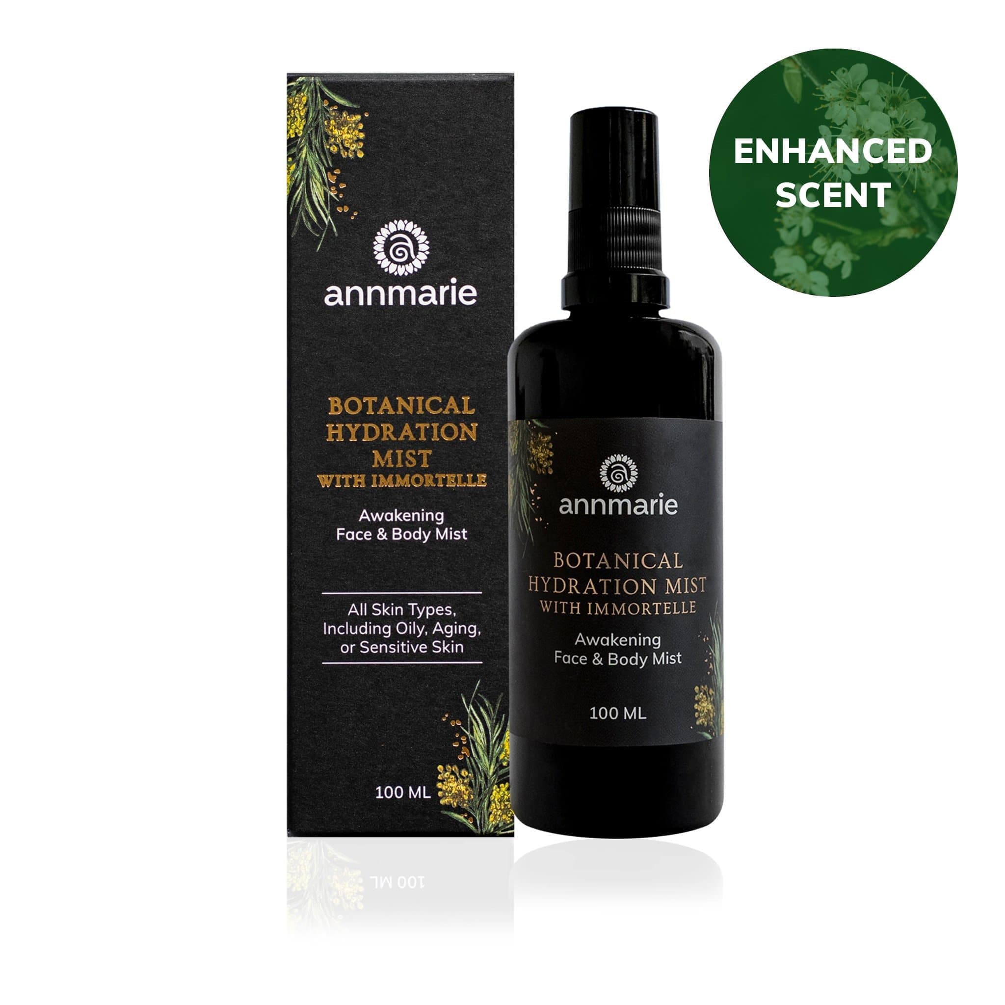 Annmarie's Botanical Hydration Mist with Immortelle, promising an enhanced scent, sits beside its packaging for all skin types.
