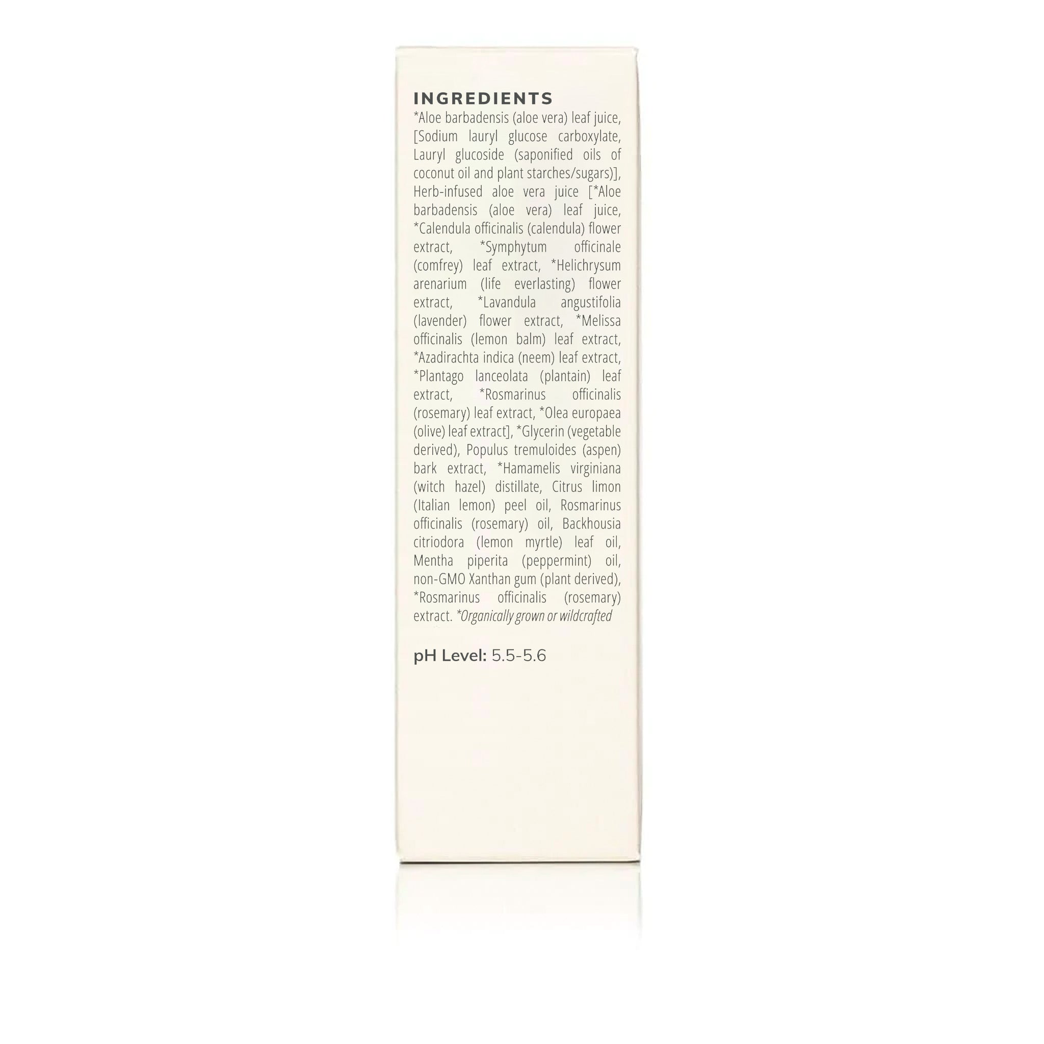 The product label lists natural skin care ingredients like aloe vera, calendula, lavender, rosemary, and witch hazel with a pH level of 5.5-5.6.
