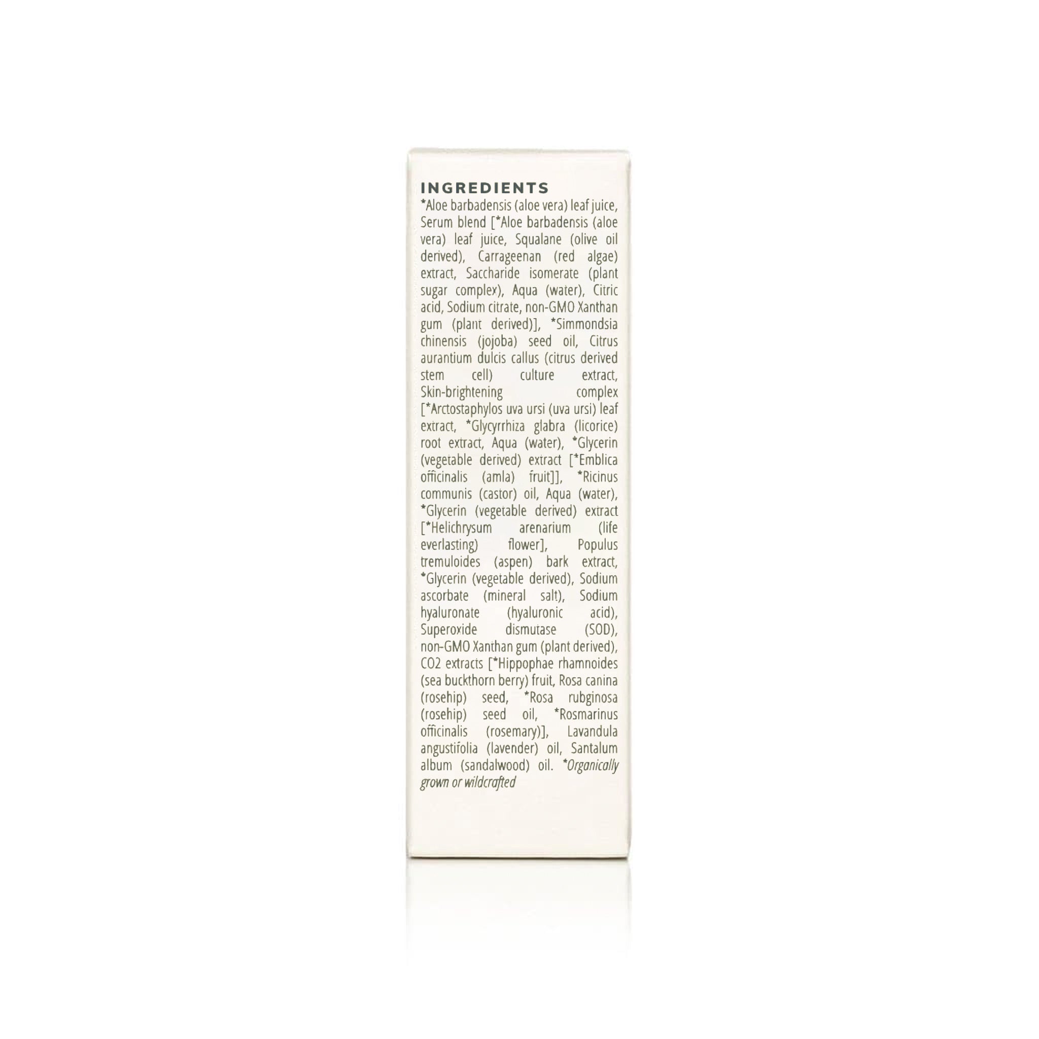 A close-up shows the detailed ingredient list for a natural skincare serum, featuring aloe vera, jojoba oil, and rosehip seed oil.