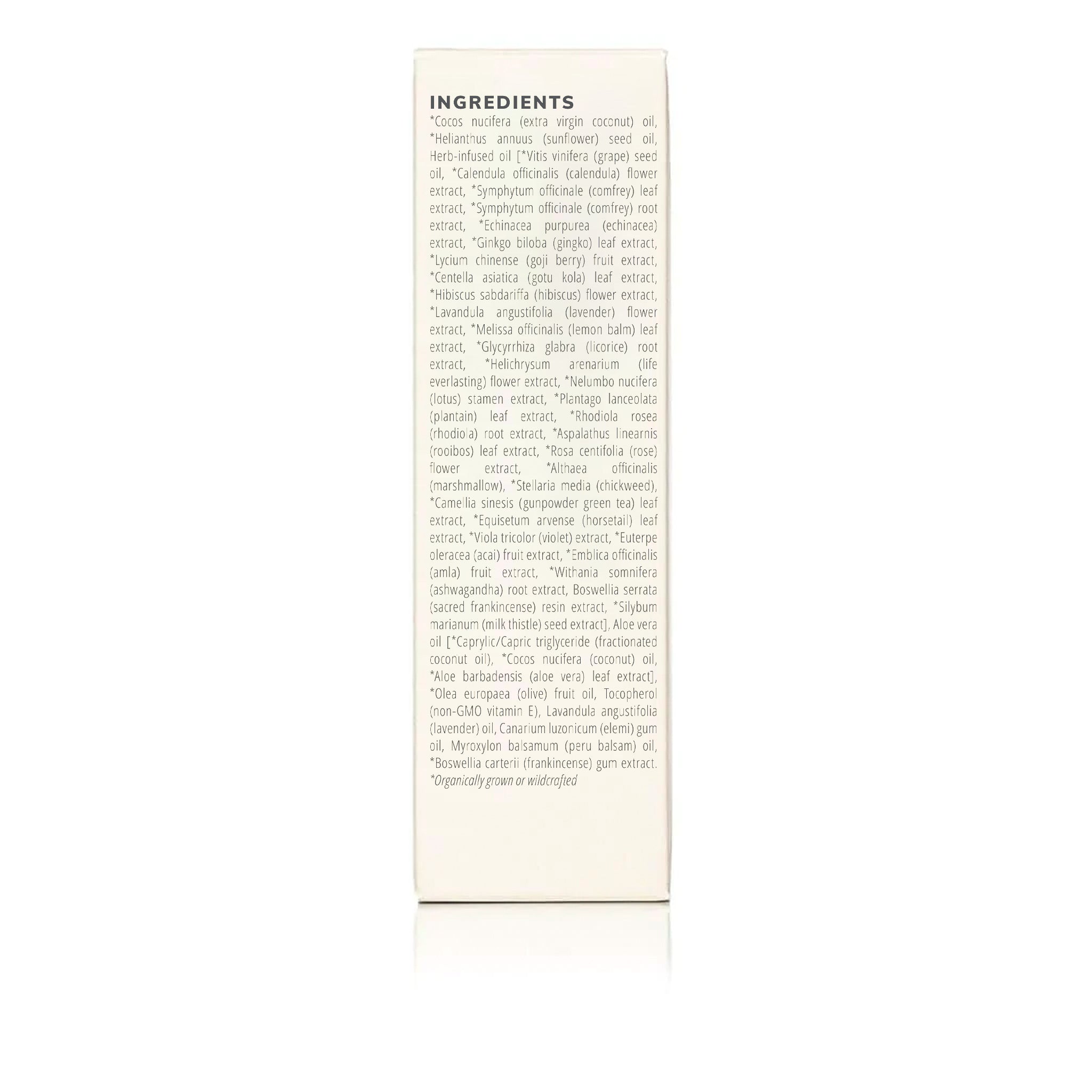 Lists natural ingredients, including coconut oil, aloe vera, and various plant extracts, in a skincare product.
