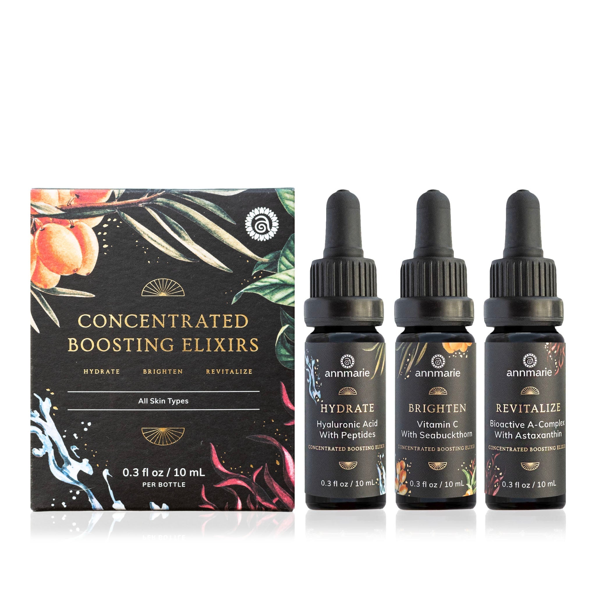 Annmarie Skin Care offers a Concentrated Boosting Elixirs set with Hydrate, Brighten, and Revitalize serums featuring hyaluronic acid, vitamin C, and bioactive A-complex.
