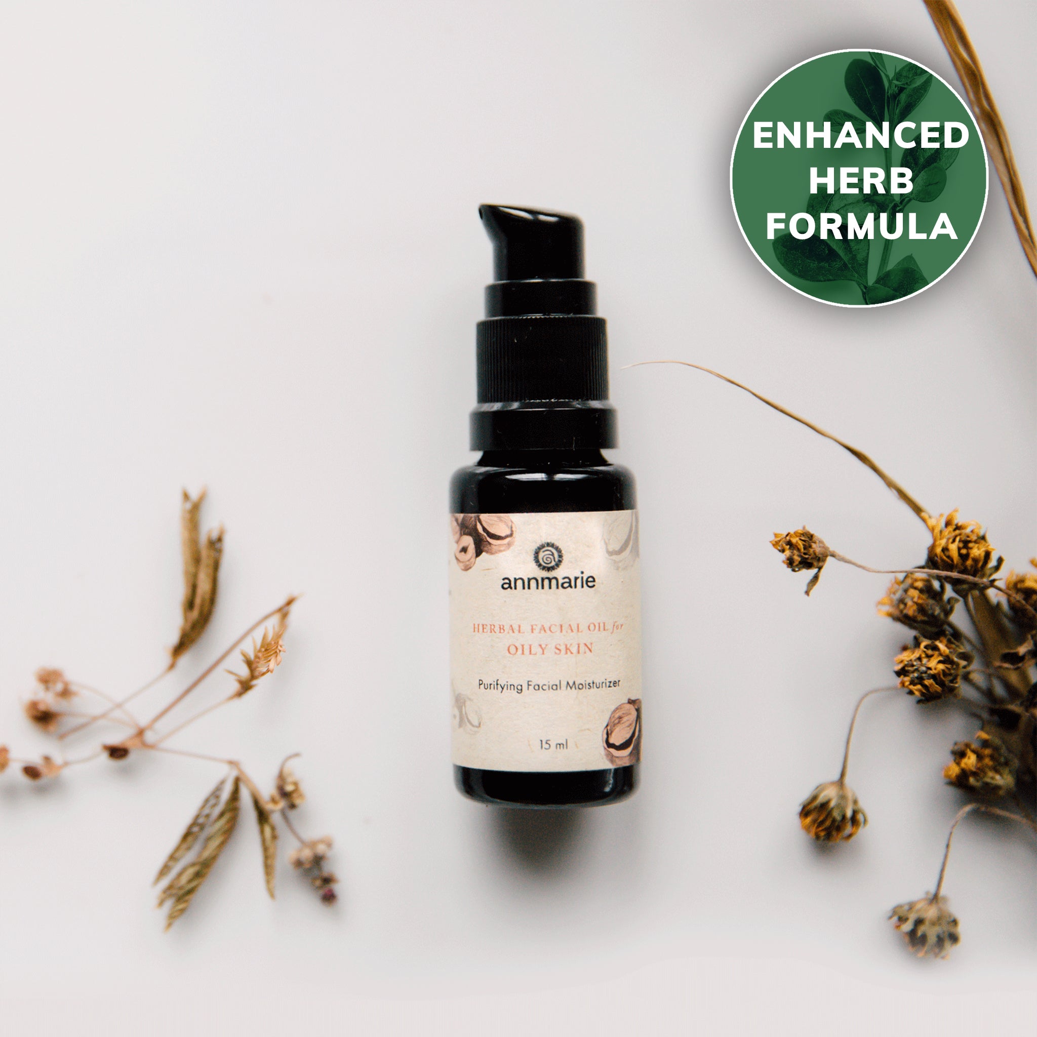 Annmarie's Herbal Facial Oil for Oily Skin features an enhanced herb formula to purify and moisturize.
