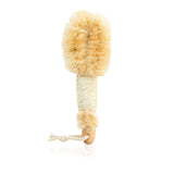 A natural bristle dry brush with a wooden handle sits upright for skin exfoliation.
