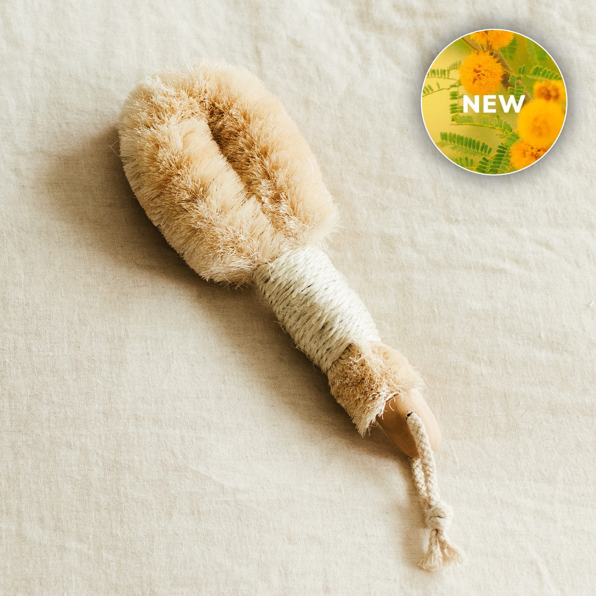 Showcases a new, natural bristle dry brush for exfoliating skin on a linen background.

