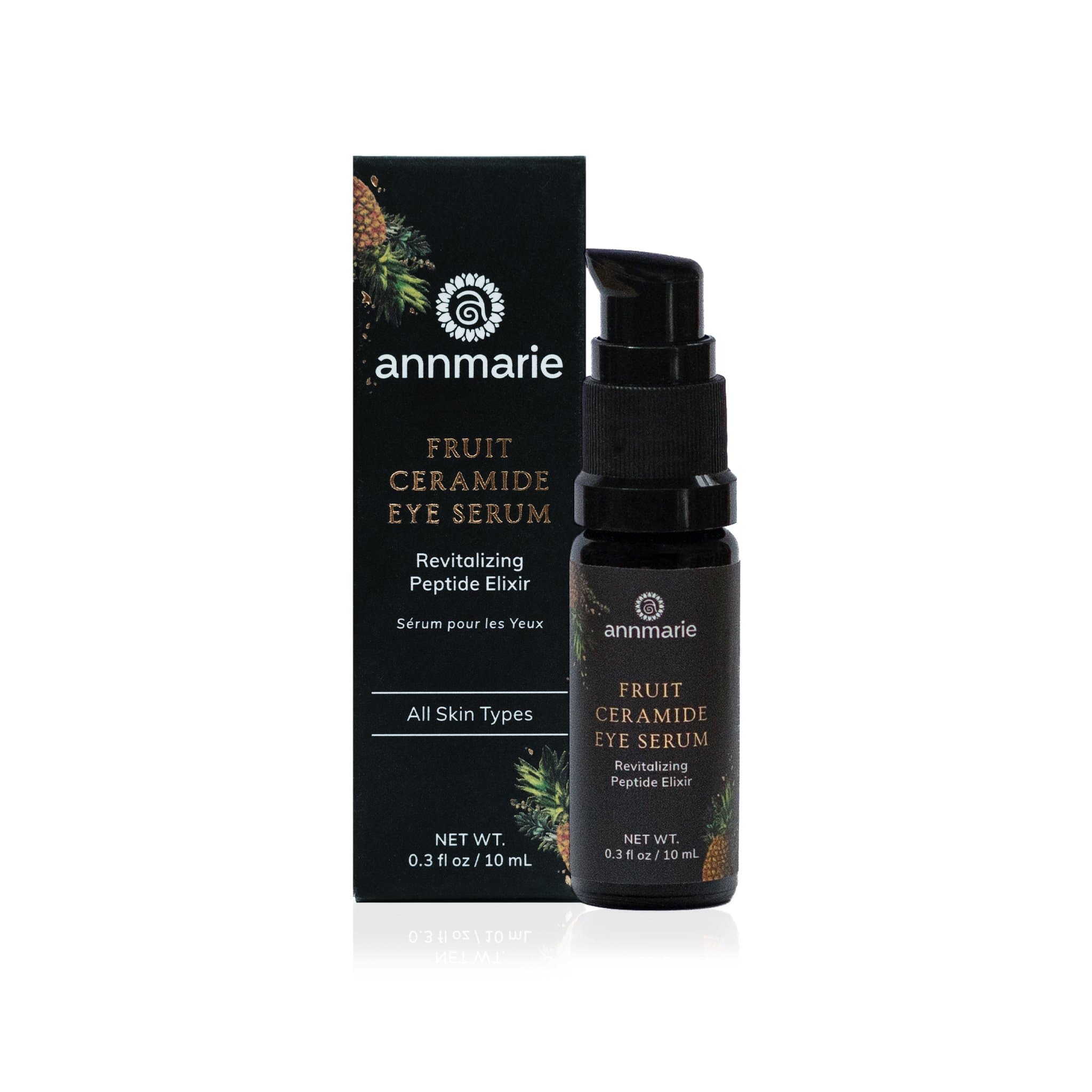 Annmarie Fruit Ceramide Eye Serum, a revitalizing peptide elixir, sits next to its product box.
