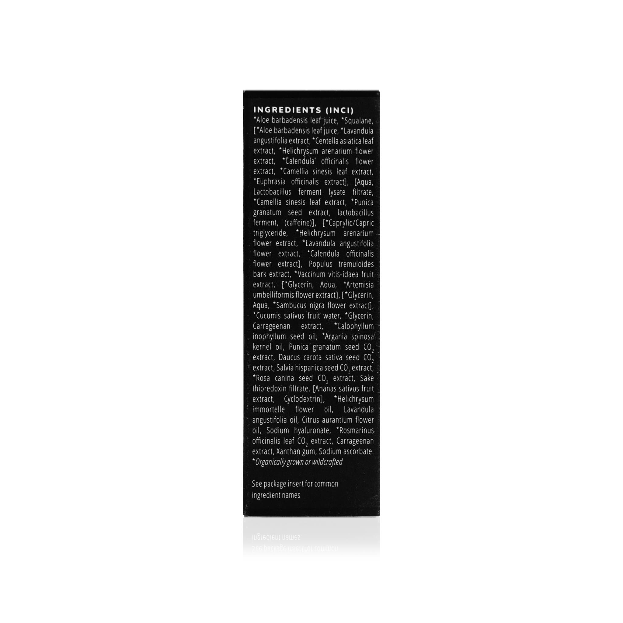Cosmetic product packaging lists a long array of natural ingredients, including aloe, lavender, calendula, and various seed extracts, emphasizing its organically grown or wildcrafted composition.